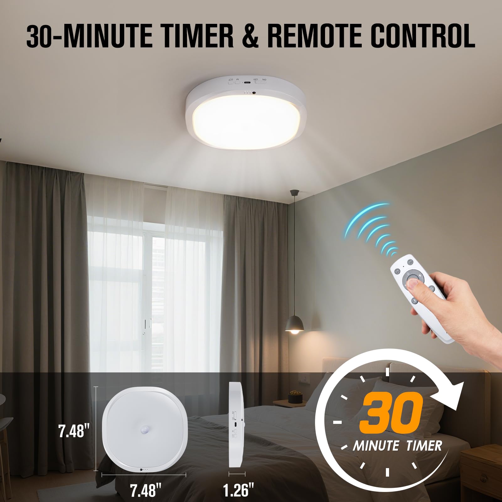 RIRIBEN Rechargeable Motion Sensor Ceiling Light, 10000mAh Battery, White, Remote Control, Model CL06, 2-Pack