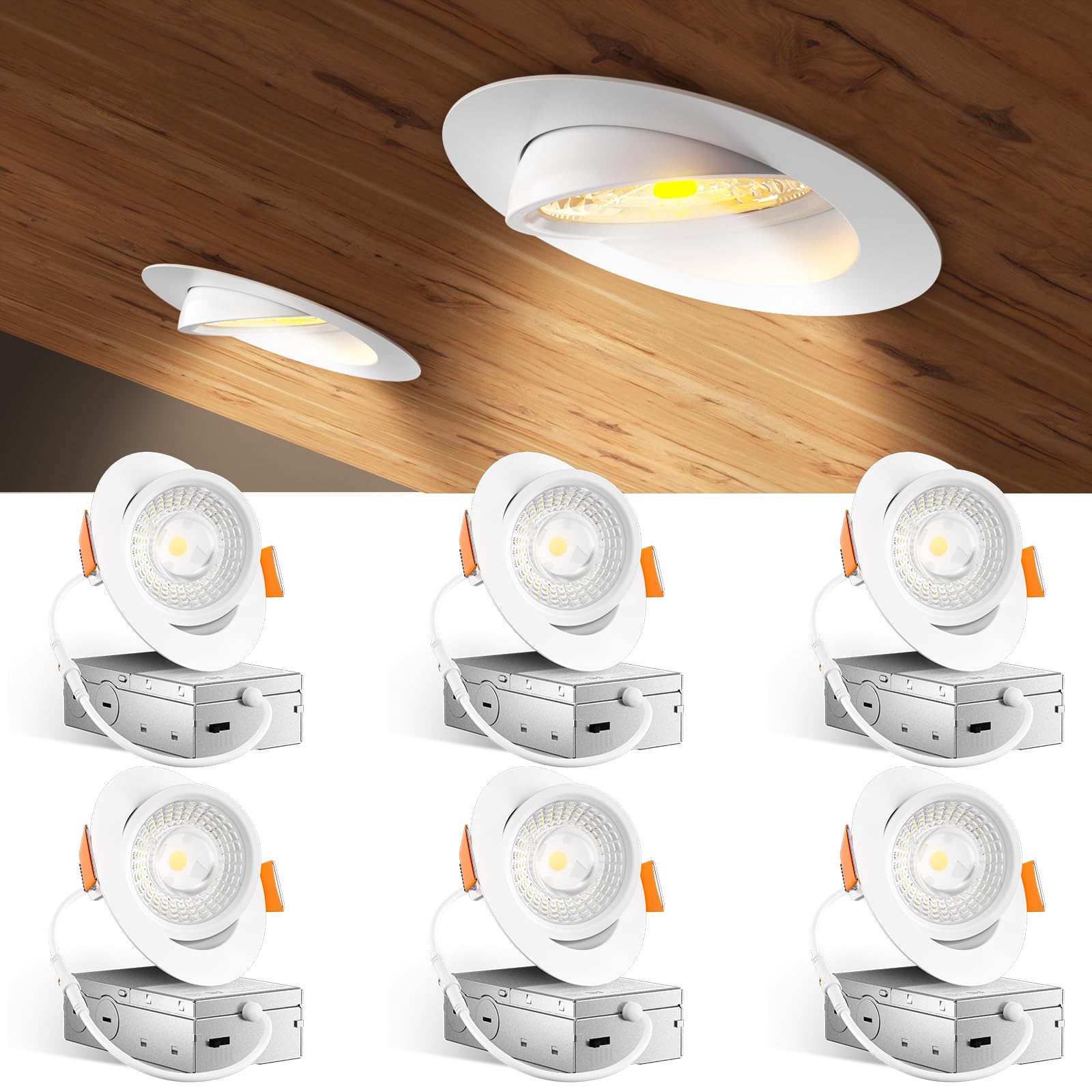 Amico 6 Pack 4 Inch 5Cct Gimbal Led Recessed Lighting, 360°&90° Adjustable Eyeball Directional Downlight, Dimmable, 2700K/3000K/3500K/4000K/5000K Selectable, Cri90+ 9W 700Lm, Etl&Fcc