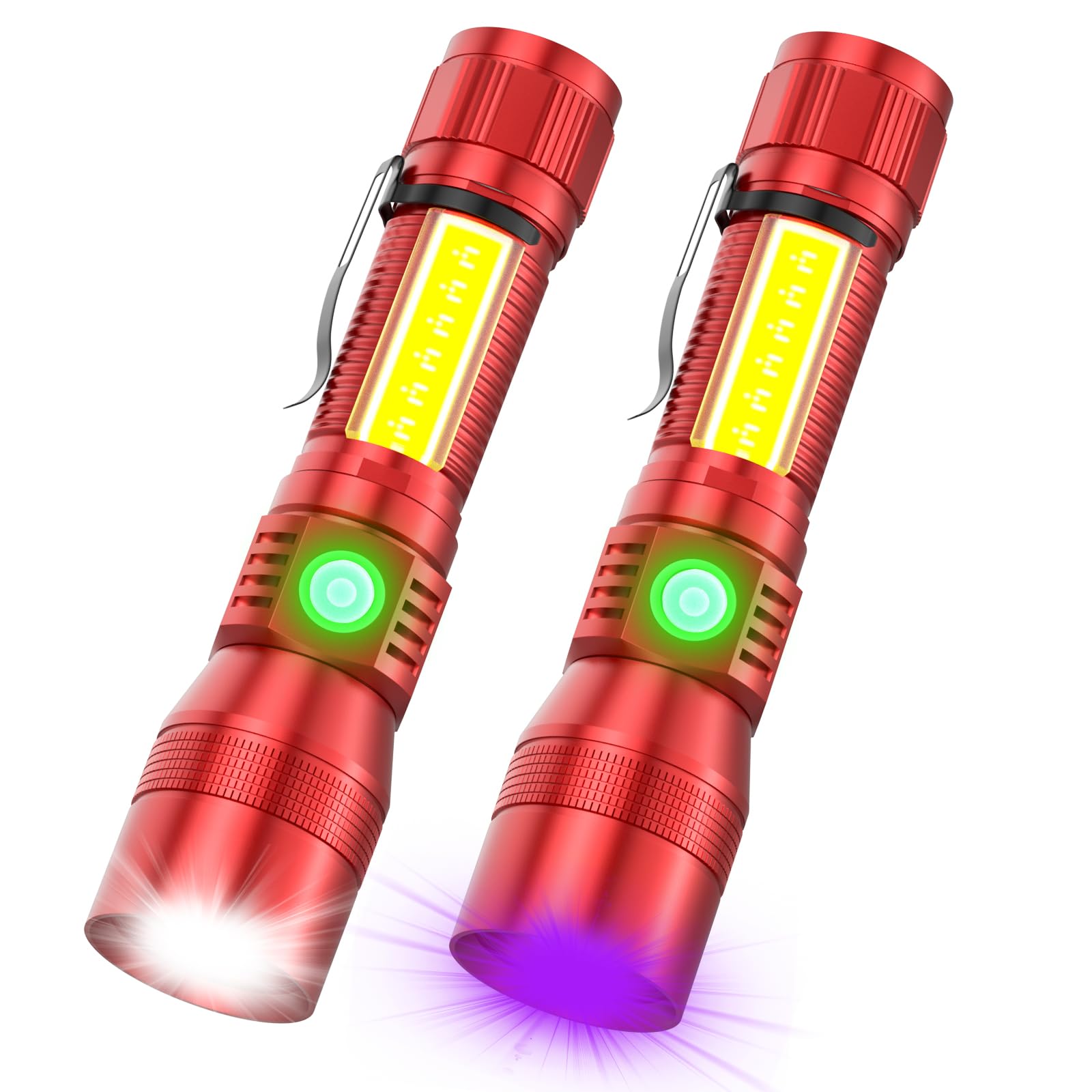 Vnina UV Rechargeable Flashlight, 1000 Lumens, 2 Pack, 5.71 IN, Red, Magnetic Base, Sidelight, Zoomable