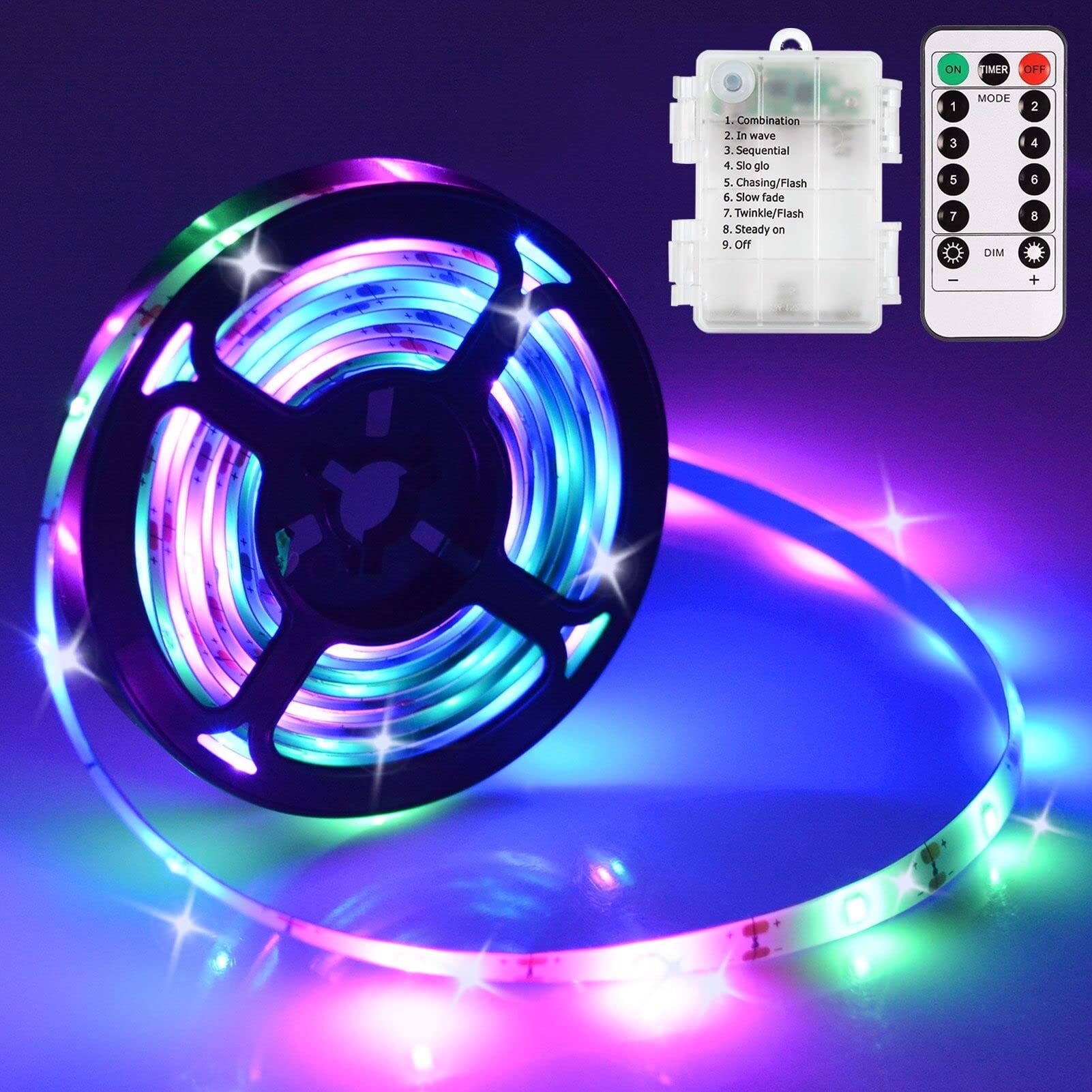 Echosari 9.8Ft 90Led Rgb Strip Lights Battery Powered Remote Control, 8 Modes, Dimmable, Timer, Self-Adhesive, Cuttable, Waterpr