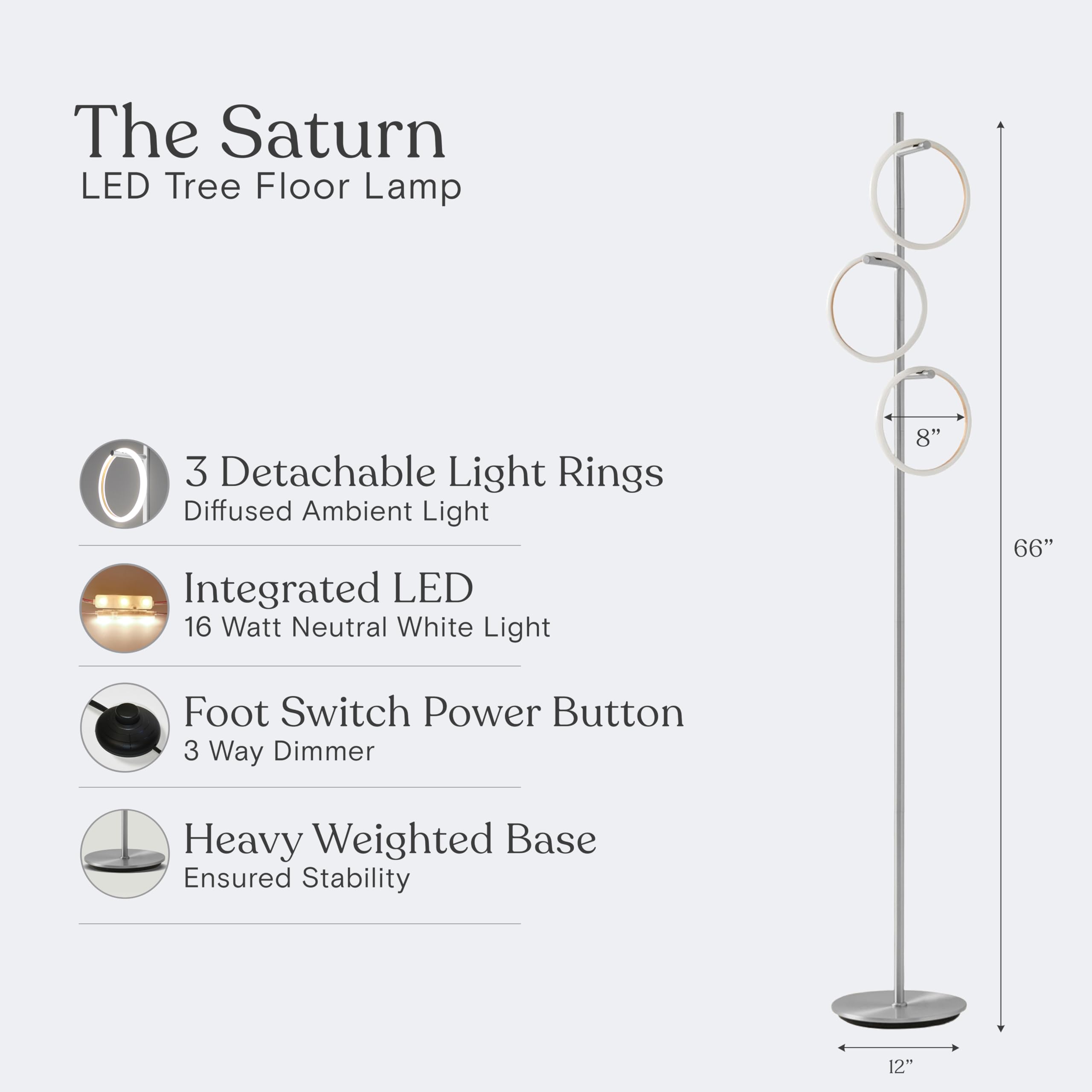 Brightech Saturn LED Tree Floor Lamp - 3 Light Metal Design - Warm White Light - Silver Finish - Tall Standing Lamp for Living Room and Office