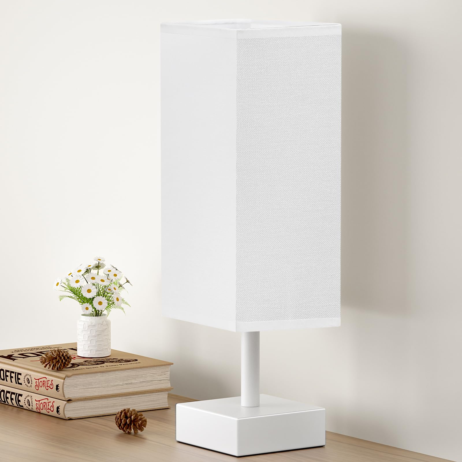 Aooshine White Small Table Lamp - Bedside Lamp For Bedroom, Minimalist Nightstand Lamp With Square Fabric Shade, Desk Lamp For K
