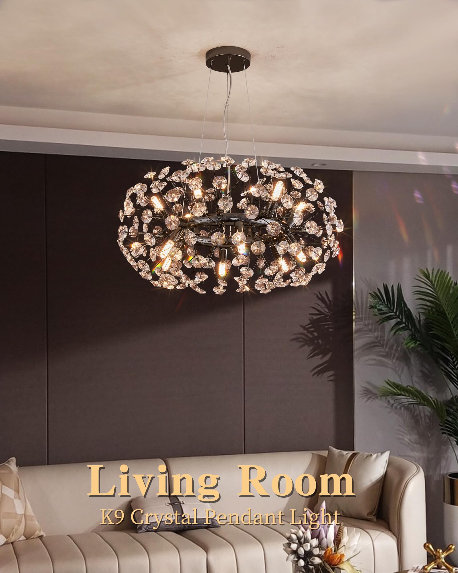 Witkey Modern Firework Chandelier, 23.62" Black Crystal Sputnik Pendant Light for Dining Room, Kitchen, Living Room - Model CHD-6012