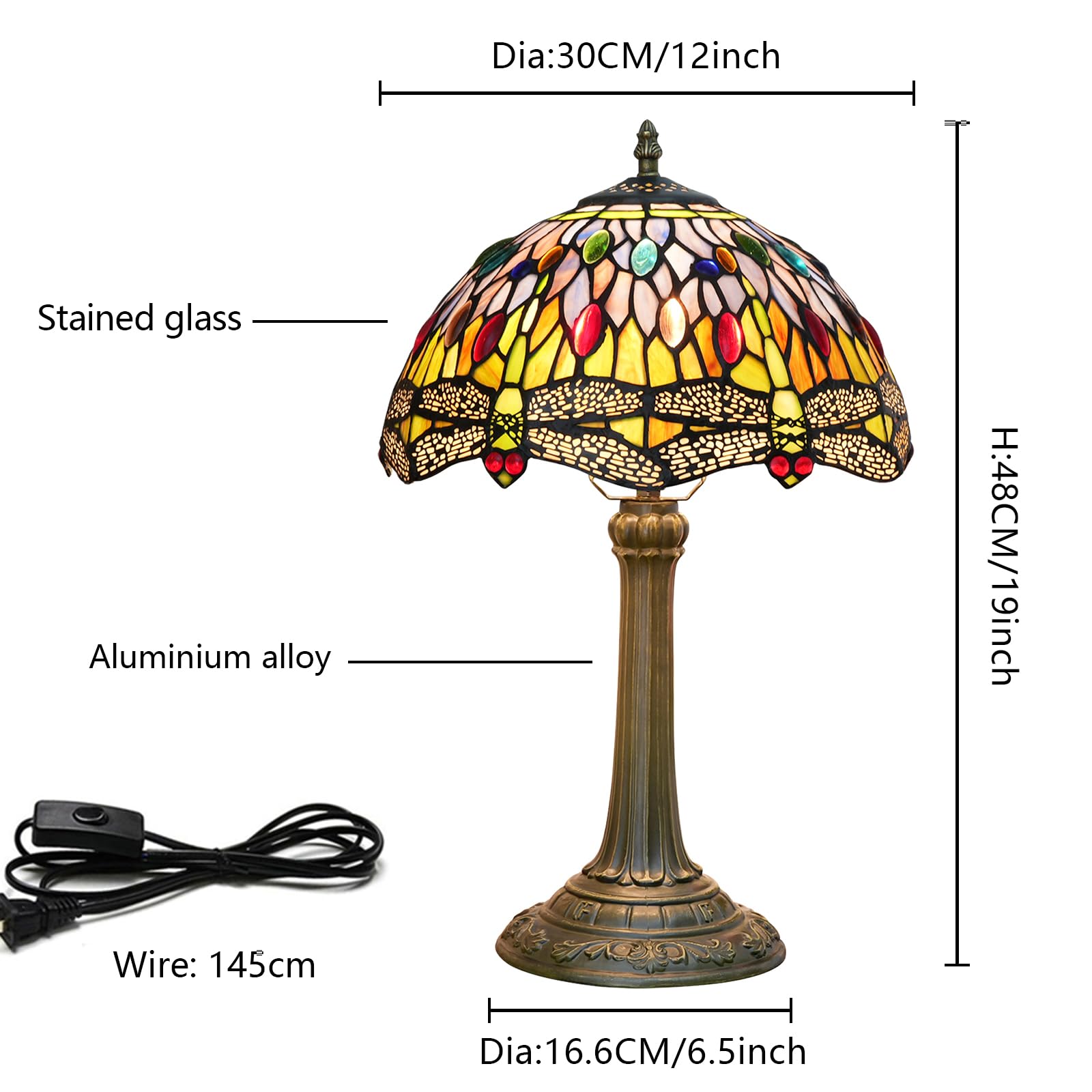 Blivuself Tiffany Table Lamp Yellow Dragonfly Style Stained Glass Lamp Bedside Reading Desk Light 12X12X19 Inches Bedroom Living