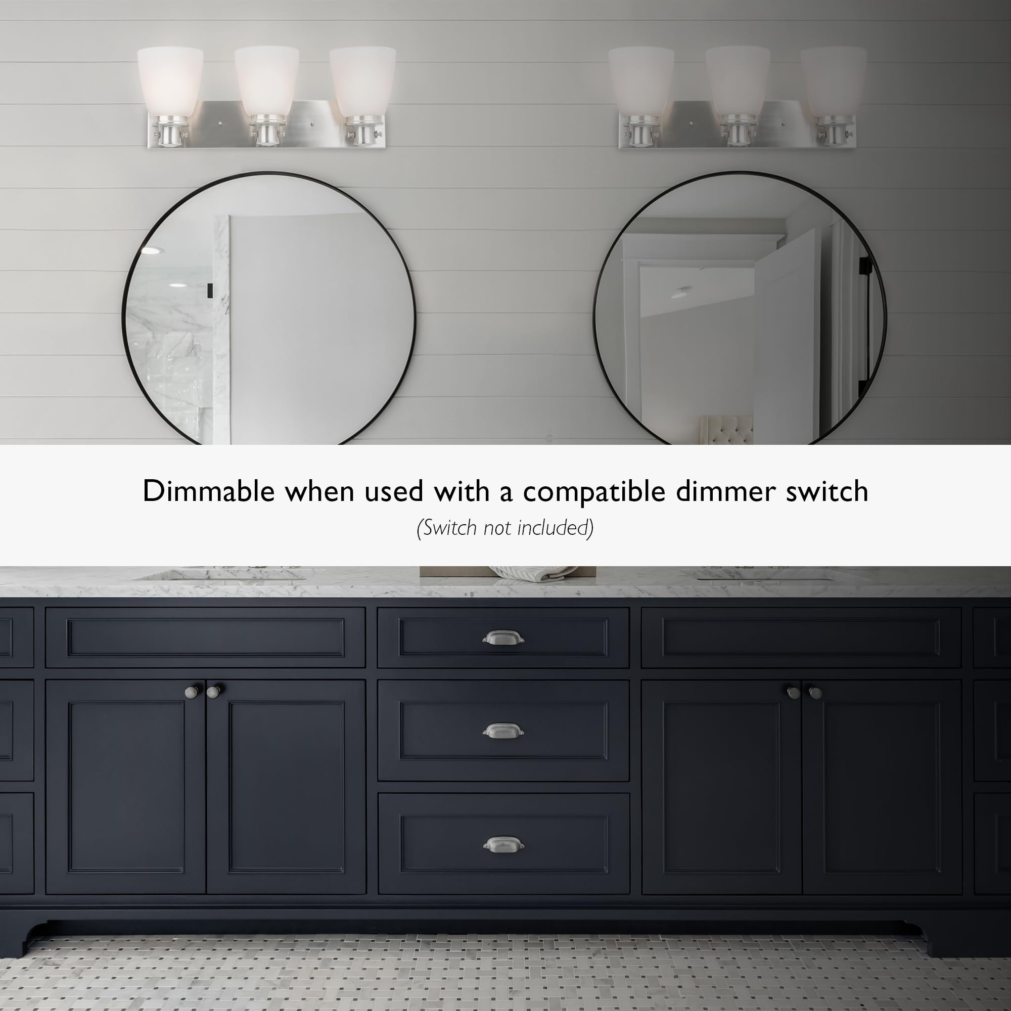 Design House Atkinson Vanity Light, 3-Light, Frosted White Glass Shades, Dimmable, Up/Down Mountable, E26 Socket, Satin Nickel,