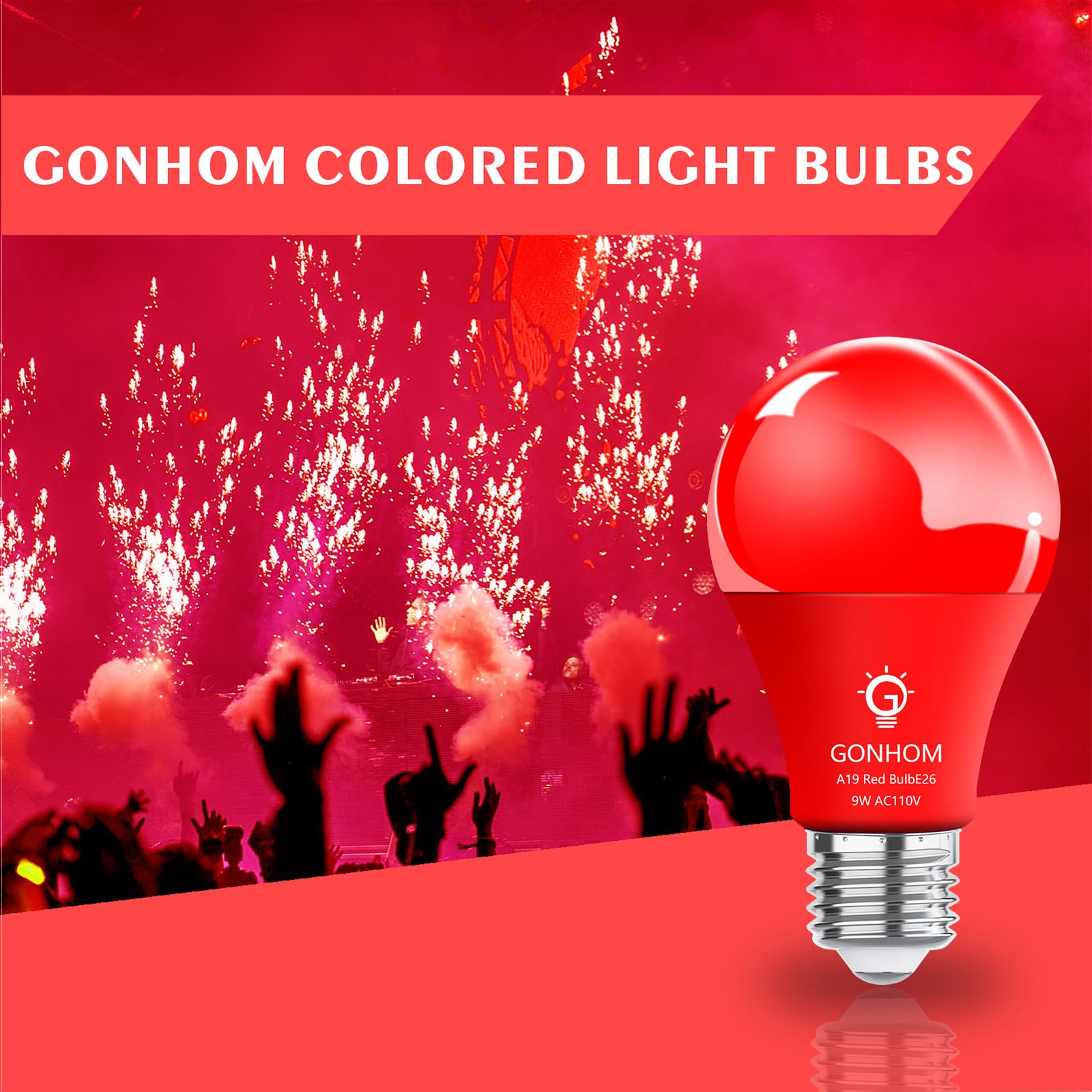 Gonhom 8 Pack A19 Led Red Light Bulbs,Christmas Colored Light Bulbs 9W Equivalent 100W,E26 Base Red Led Lights For Valentine'S Day, Thanksgiving Day,New Year, Holiday Lighting,Decorative Lighting
