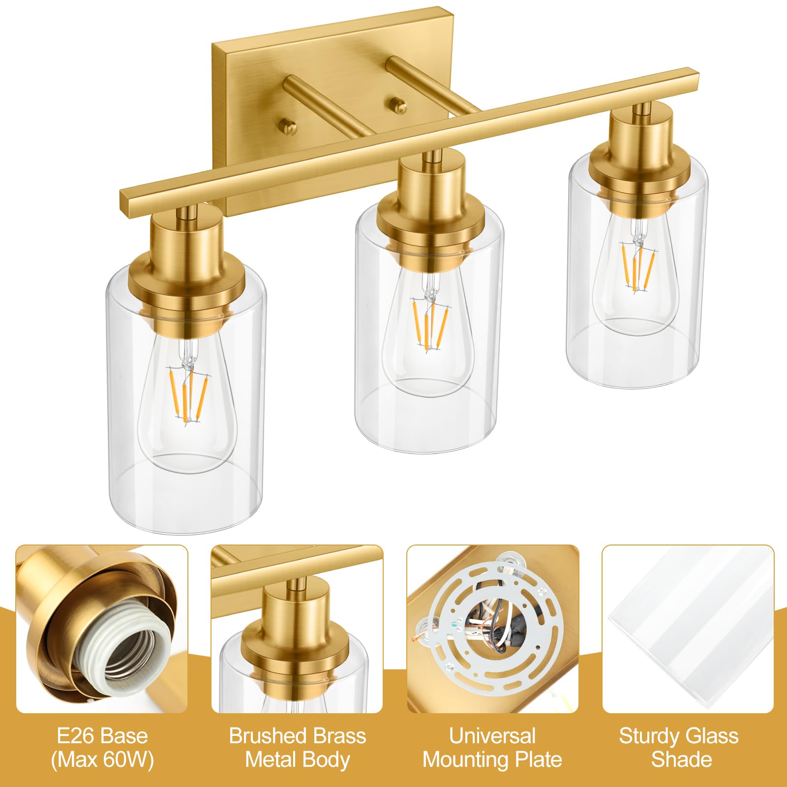 Apenath Gold Bathroom Wall Lights Brushed Brass 3-Light Vanity Light Fixtures Modern Wall Sconces With Clear Glass Shade, Bathro