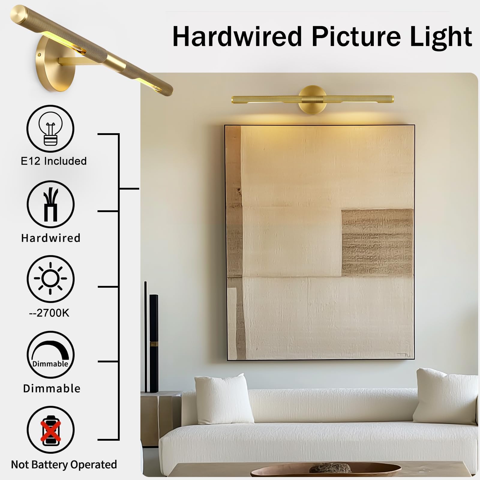 SKFWAITKW Hard-wired Knurled Picture Light, Dimmable 30in Brass Wall Sconce, E12 Bulbs Included, Model BL-sconce