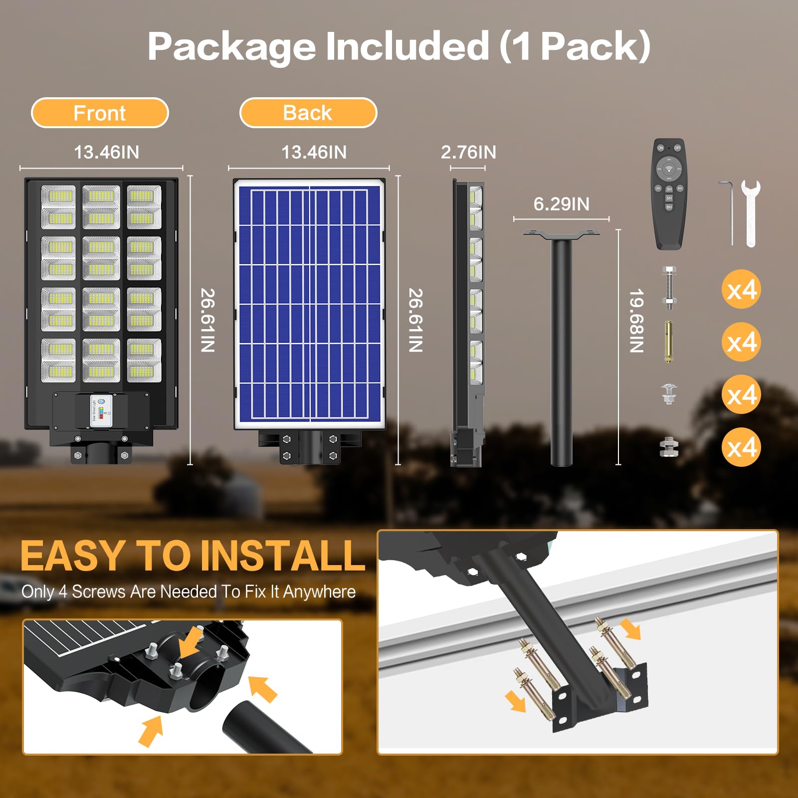 Deepn Solar Street Lights - 3200W, 300000 Lumens, Dusk to Dawn, Motion Sensor, IP66 Waterproof, Black, 2 Pack