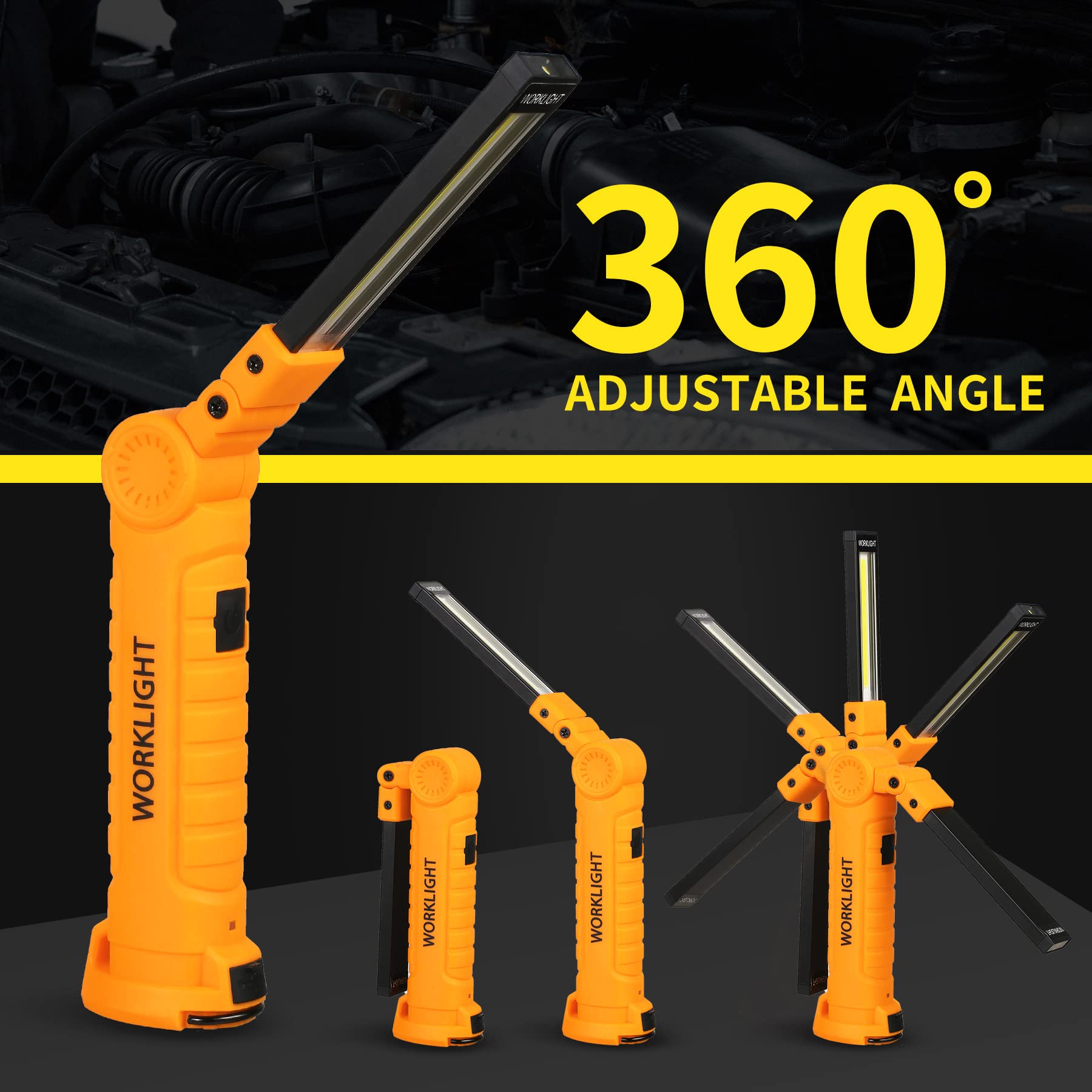 LED Worklight Flashlight, Suranew COB Rechargeable Work Lights with Magnetic Base 360 Degree Rotate and 5 Modes Portable Flood L