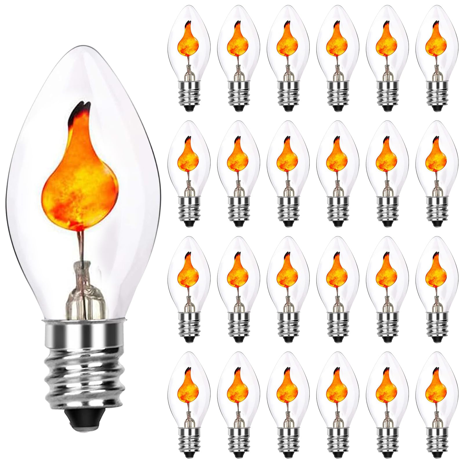 Xingzd 25 Pack Christmas Flickering Flame Light Bulbs Replacement  C7 1W Clear Flicker Flame Candle Bulbs  E12 Candelabra Light Bulbs For Christmas Window Candles Chandelier Holiday Decor