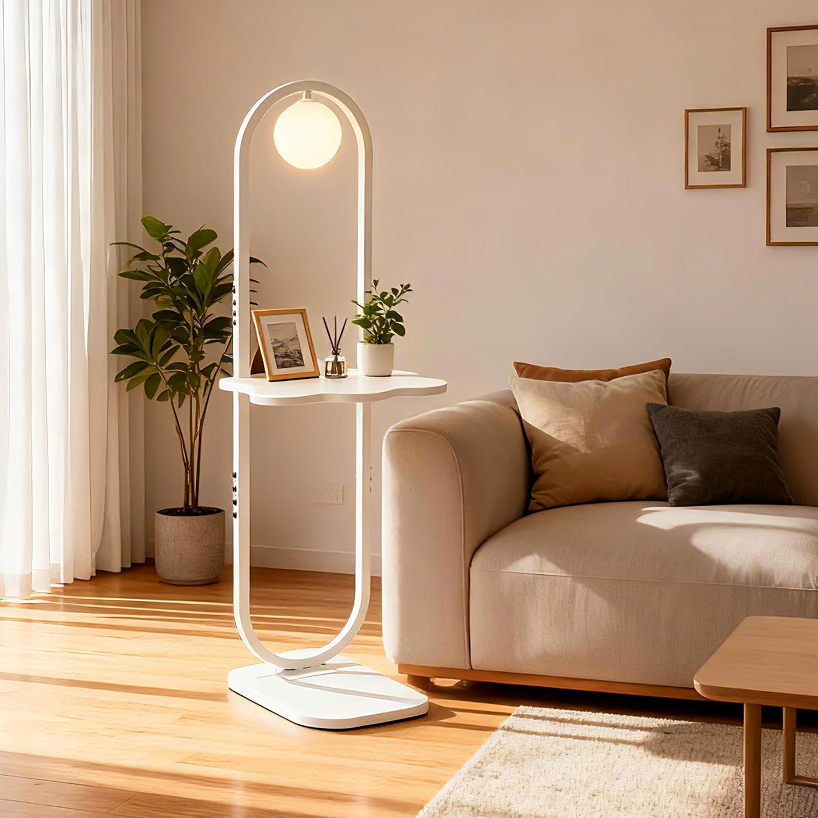 Lightdot 47-Inch Arch Floor Lamp, Modern Standing Lamp with Table, White Metal Frame with Globe Shade, Living Room Bedroom Light