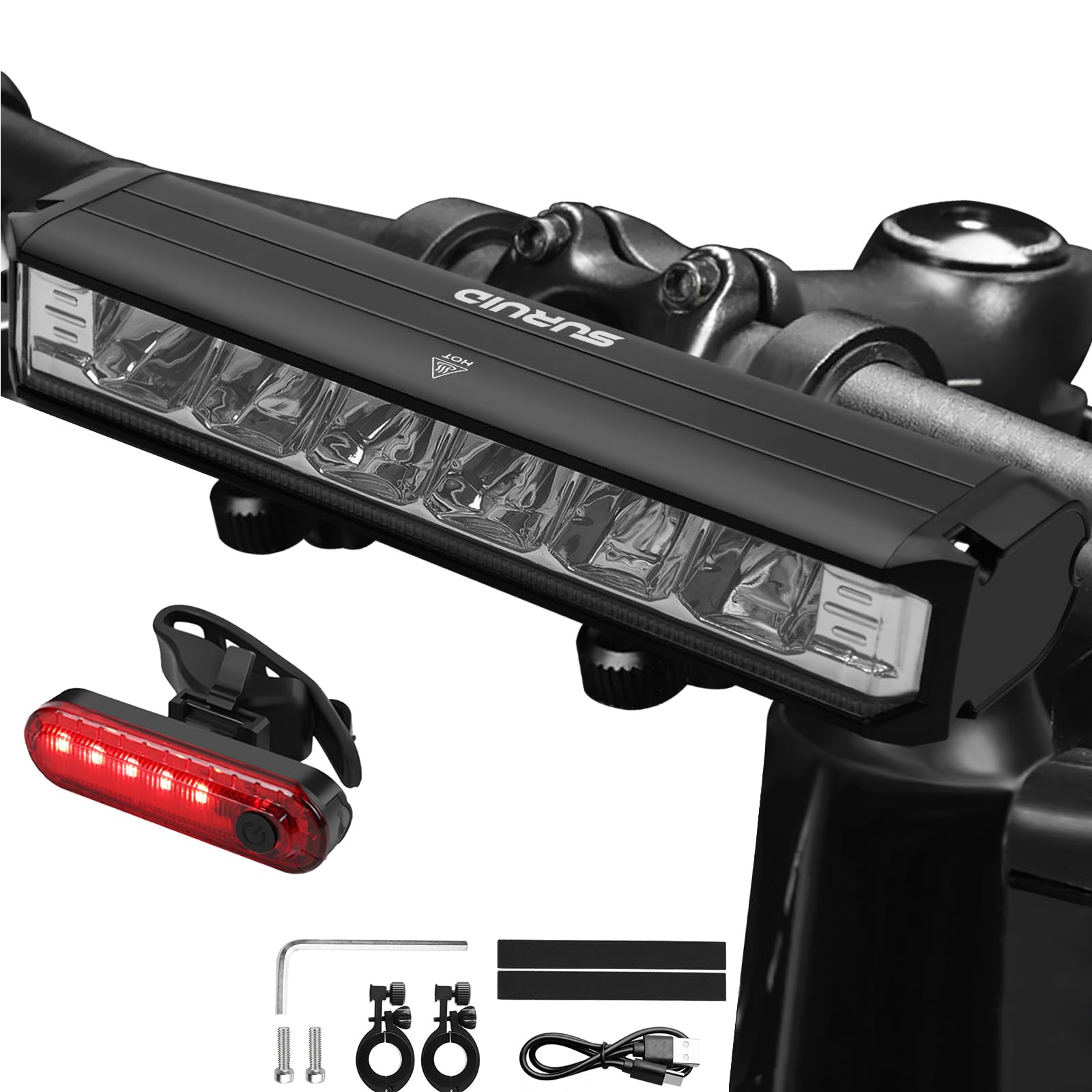 Suruid Super Bright LED Bike Light, USB Rechargeable Bicycle Light 5 Modes, Waterproof Bike Headlight with Taillight, Daytime Ru