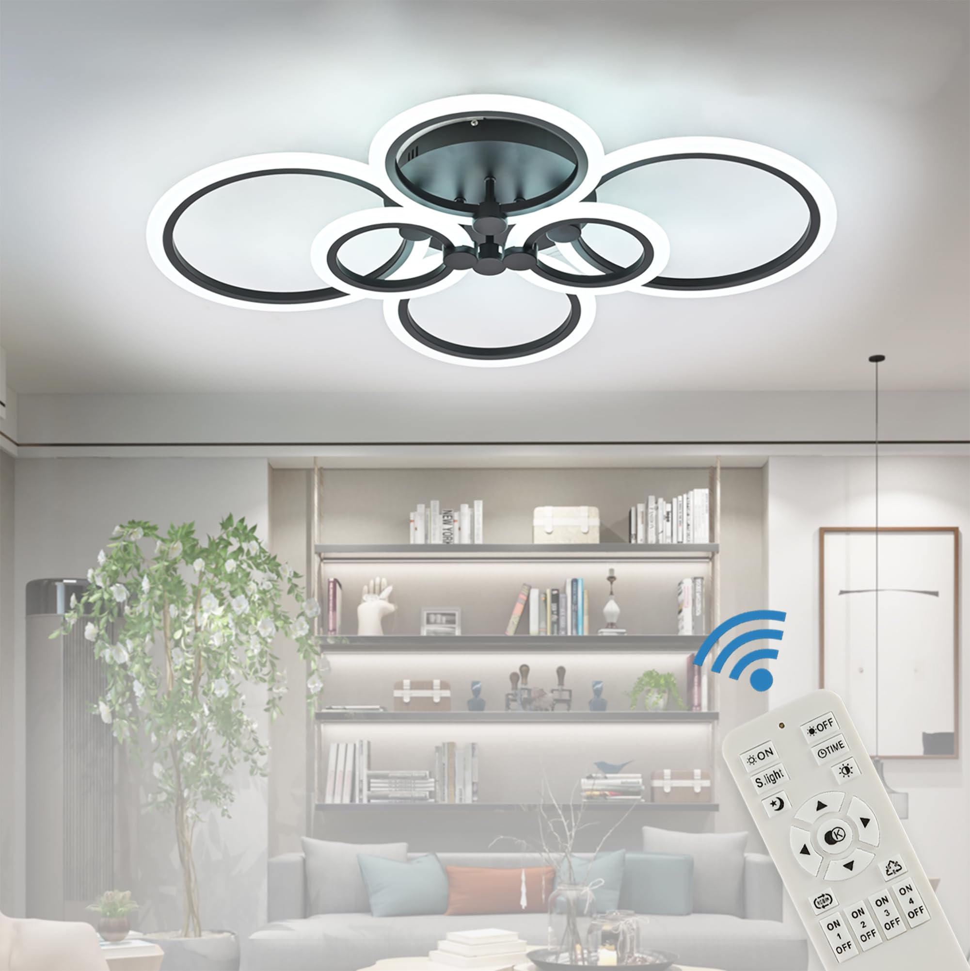 Sjv Modern Ceiling Light Fixture: Dimmable Led Flush Mount Ceiling Lamp - Black 31.4" Kitchen Ceiling Lights,6Rings Lighting Fixtures For Bedroom, Dining Living Room,Colors Change With Remote