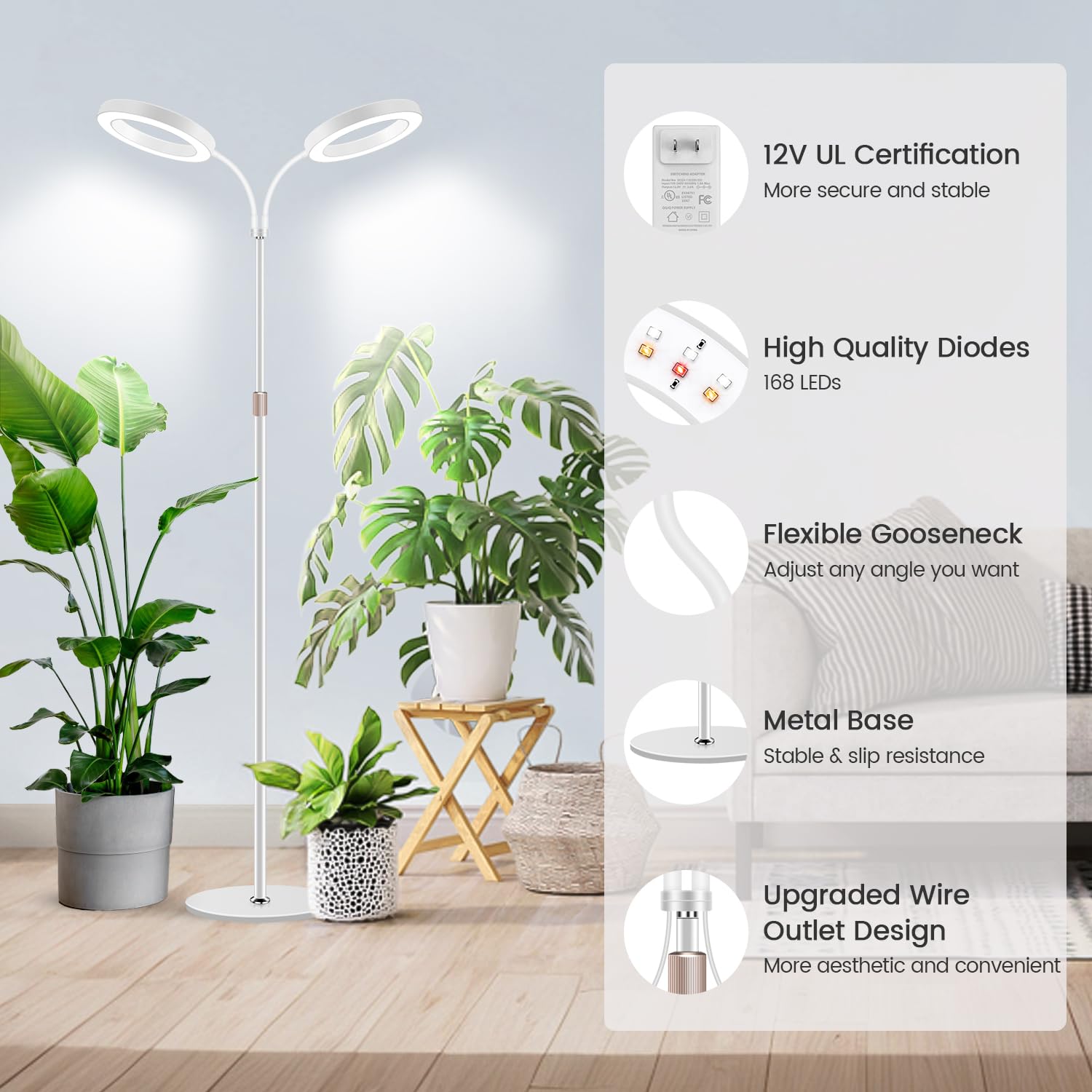 Garpsen Grow Lights For Indoor Plants  Dual-Head Full Spectrum Led Plant Light With Stand  3 Color Modes Grow Lamp With Timer 6/12/16H  5 Dimmable Levels  168 Leds And 67Height Adjustable(White)