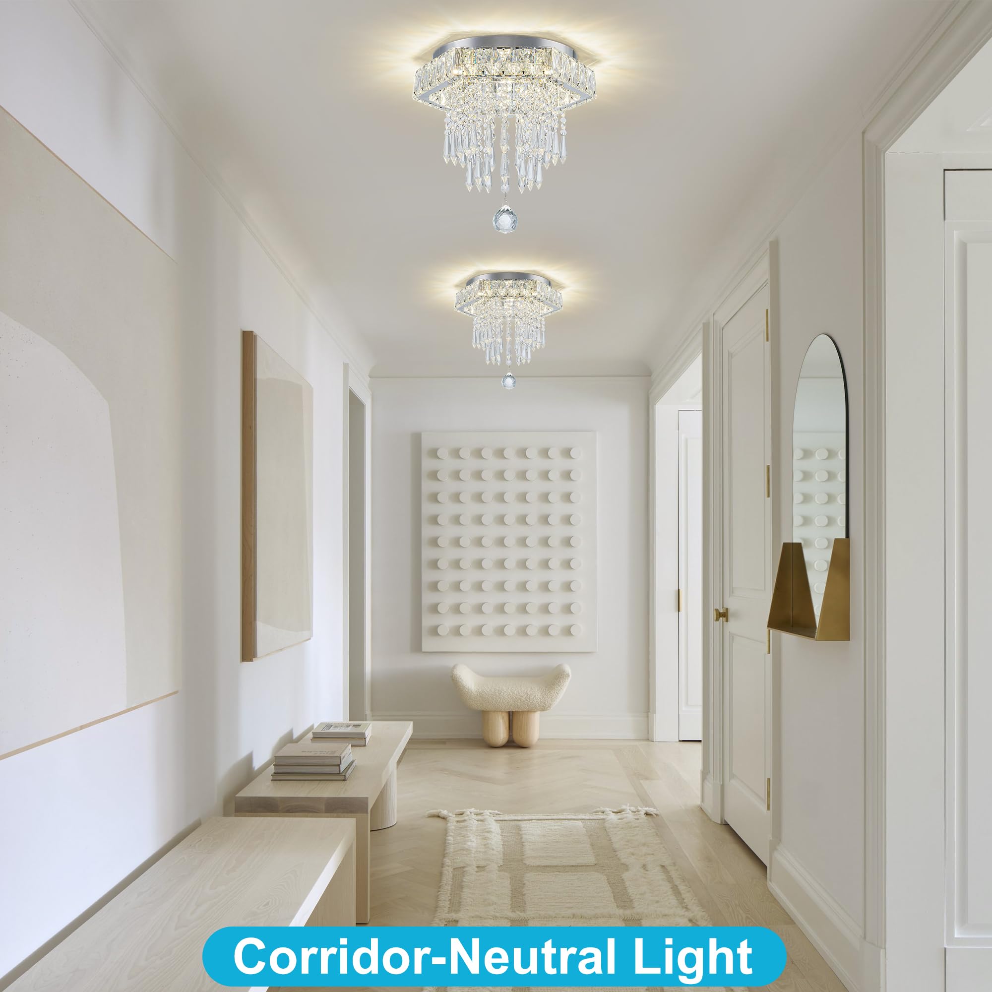HomLaiting 11.8” Crystal Ceiling Light Fixture, Modern Hexagon LED Chandelier, Dimmable 3000K-6500K, Flush Mount, TriColor