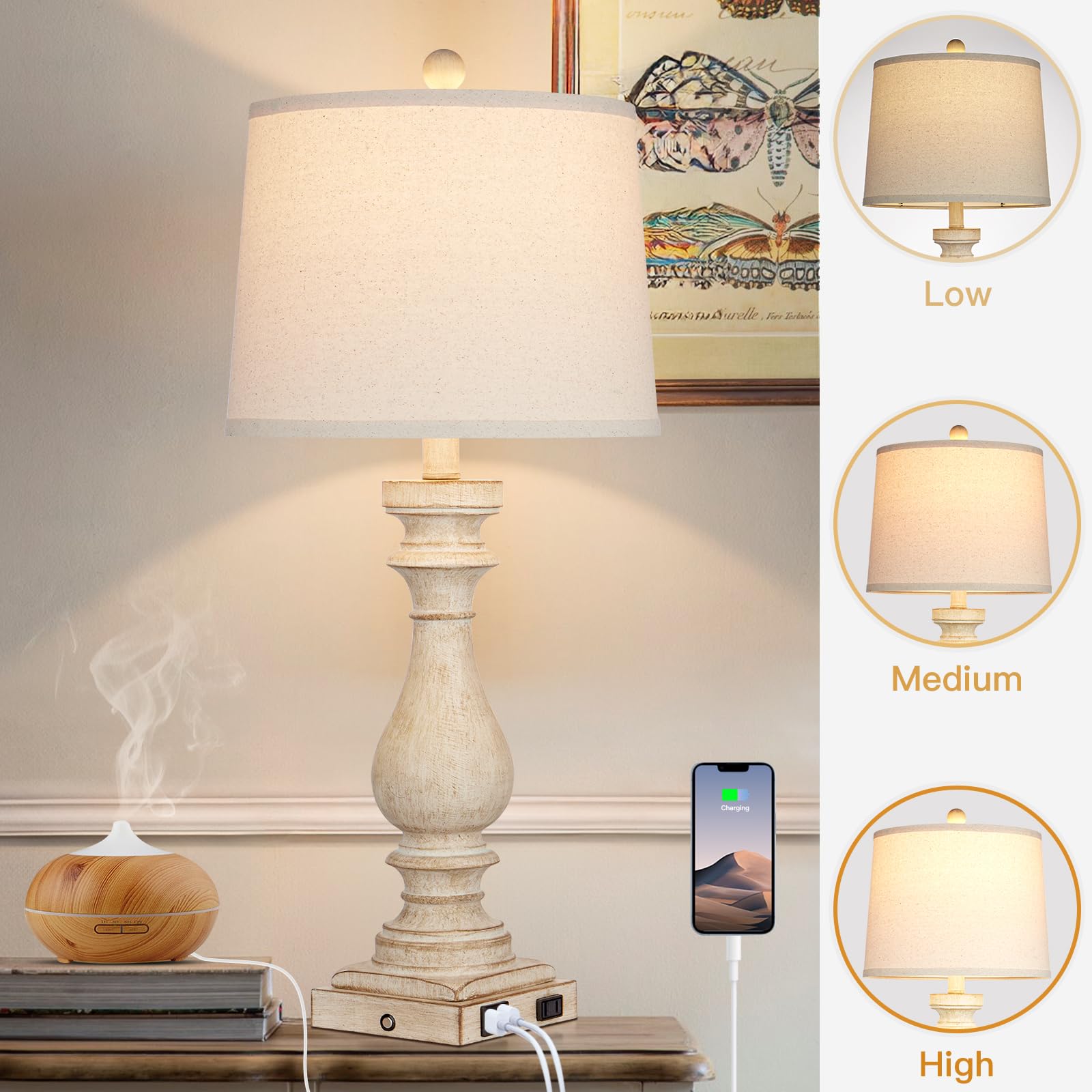 Cinkeda 29" Vintage Table Lamp Set of 2 with USB Ports & AC Outlet, 3-Way Dimmable Touch Control, White Washed Finish, Beige