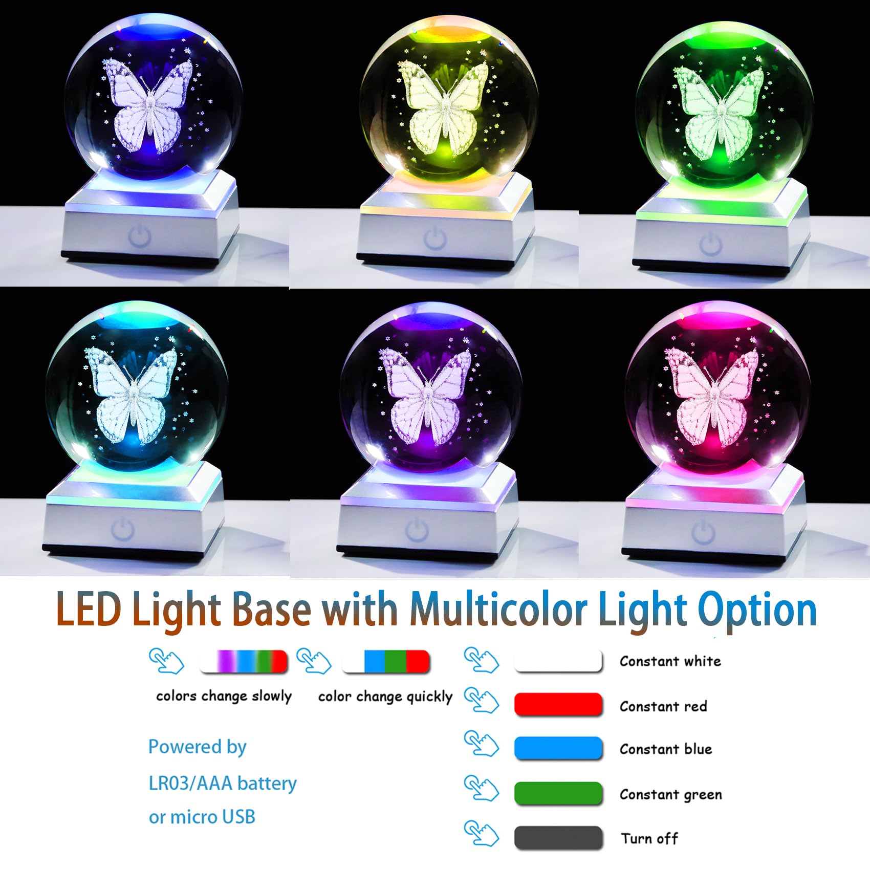 Ornalrist 3.15In. 3D Crystal Ball Engraved Butterfly Gifts For Women Girlfriend Night Light With Led Base, Glass Butterfly Ball Valentine'S Day Gifts For Butterfly Lover Figurine Home Decor