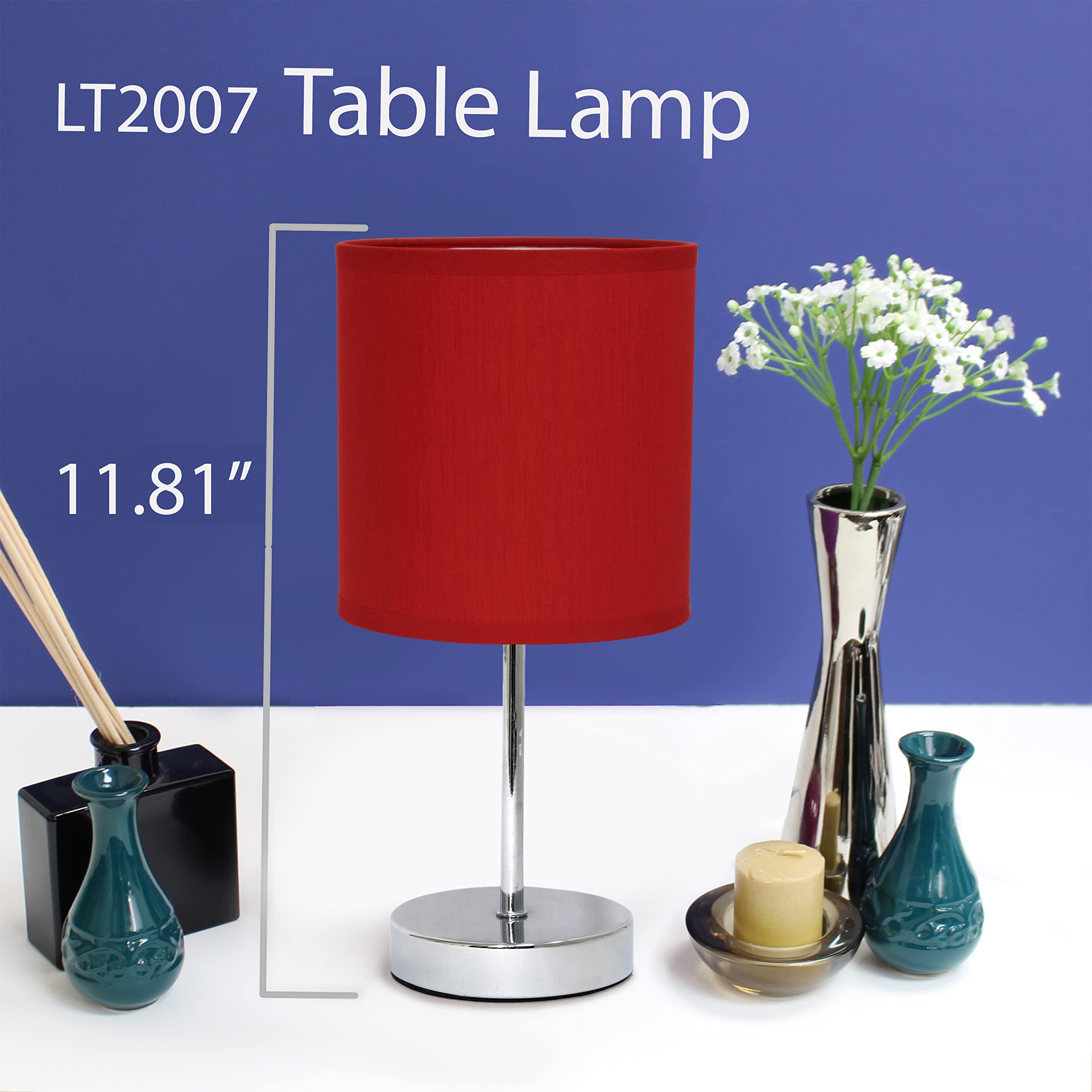 Simple Designs Lt2007-Red-2Pk Chrome Mini Basic Table Lamp With Fabric Shade 2 Pack Set, Red