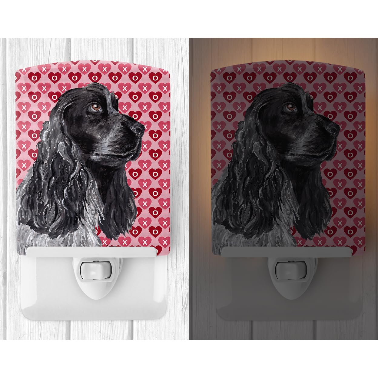 Caroline'S Treasures Sc9554Cnl Black Cocker Spaniel Hearts And Love Ceramic Night Light Compact, Ul-Certified, Ideal For Bedroom, Bathroom, Nursery, Hallway, Kitchen, 6X4X3, Multicolor