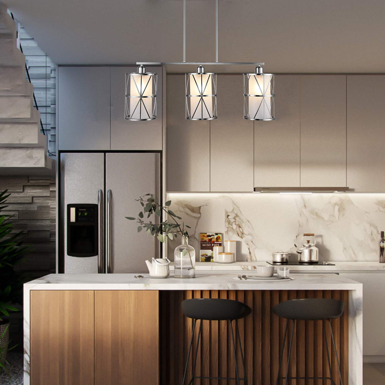 Shengqingtop 33&quot; Modern Kitchen Island Lights With Cylindrical Frosted Glass Shade, 3-Light Dining Room Lighting Fixtures Hanging, New Transitional Multi Pendant Lighting, Brushed Nickel Finish