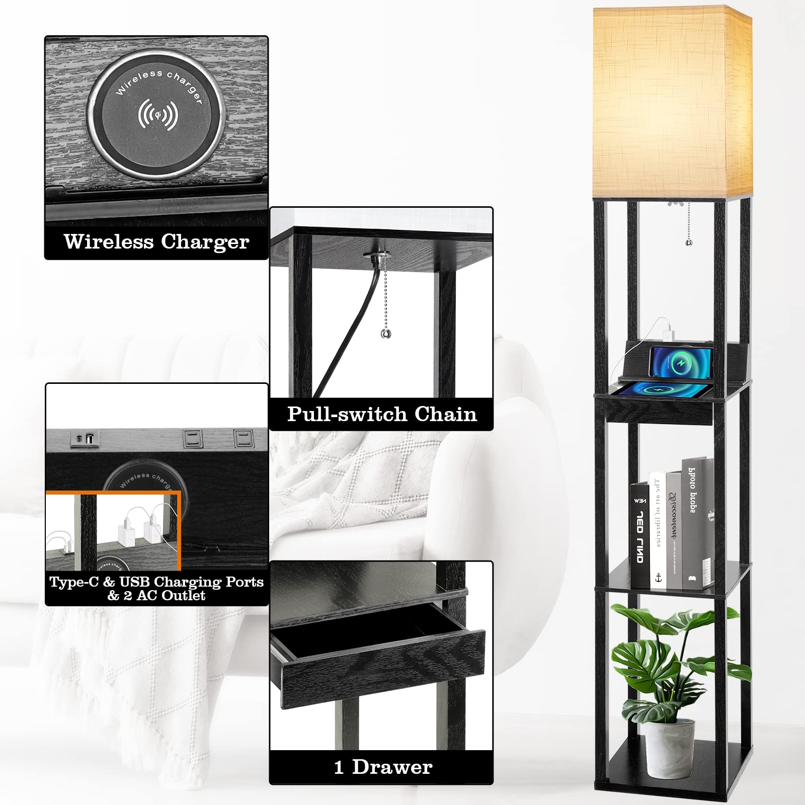 Floor Lamp With Shelves, Runtop Led Shelf Floor Lamp With Wireless Charger & 2 Charging Usb Ports & Drawer, Ac Outlet, 3 Color T
