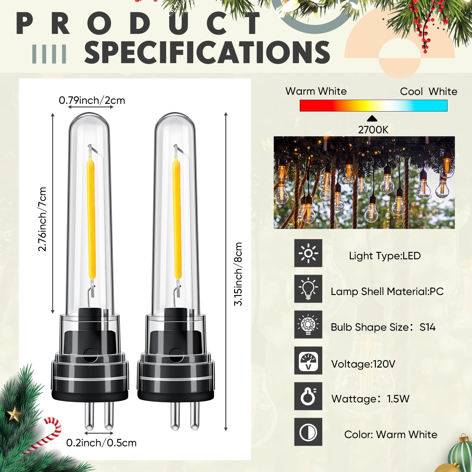 Rossesay S14 LED String Light Bulbs, 12 Pcs, 1.5W, 2700K Warm White, Waterproof, Black, Model XUU-Rossesay-
