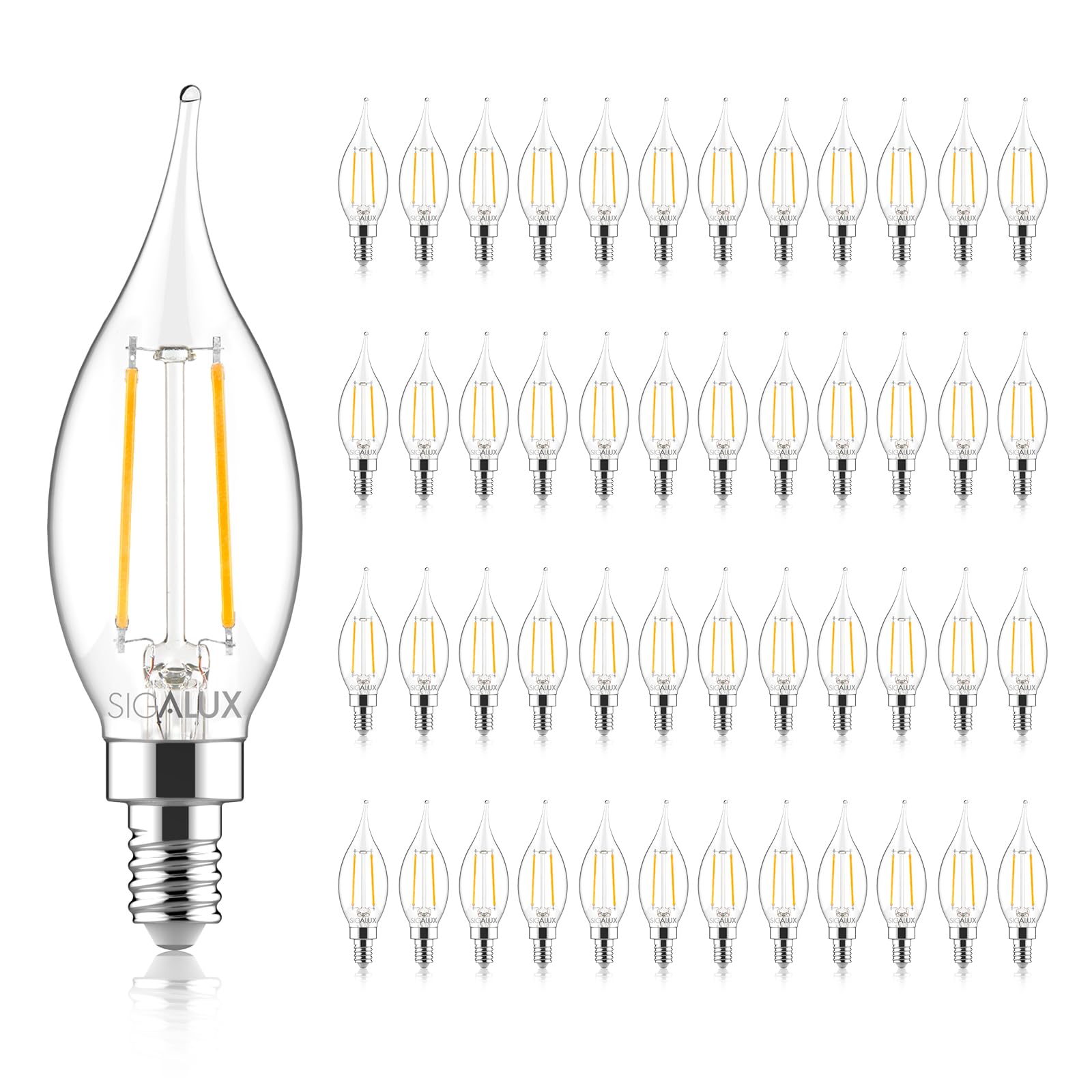Sigalux E12 LED Candelabra Bulbs, Dimmable Flame Tip, 4.5W, 500LM, 2700K Soft White, 48 Count, CA10