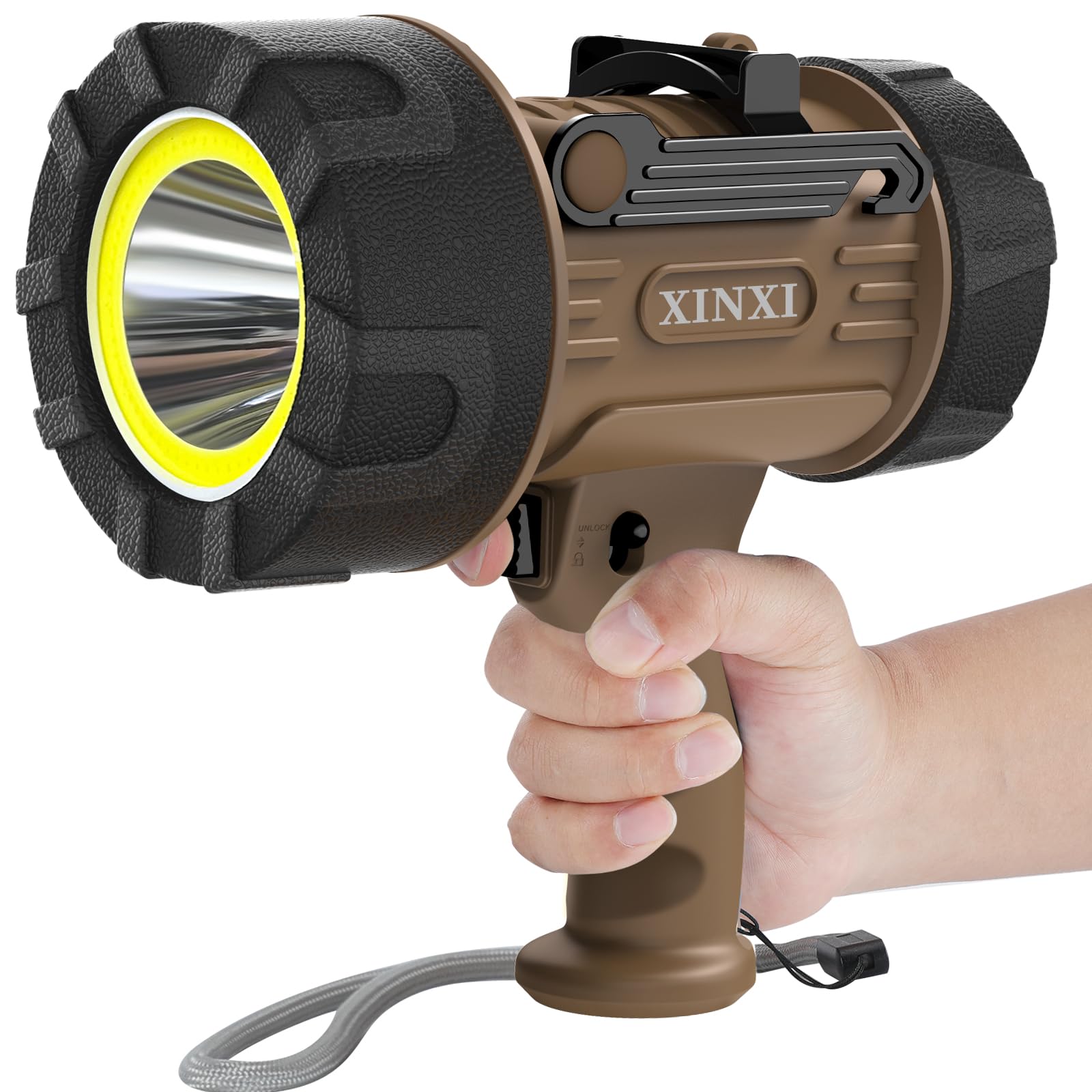XINXI 1000,000 Lumens Rechargeable Spotlight with COB Floodlight, 6 Light Modes and USB Charger for Hiking, Boating, Hunting, IP
