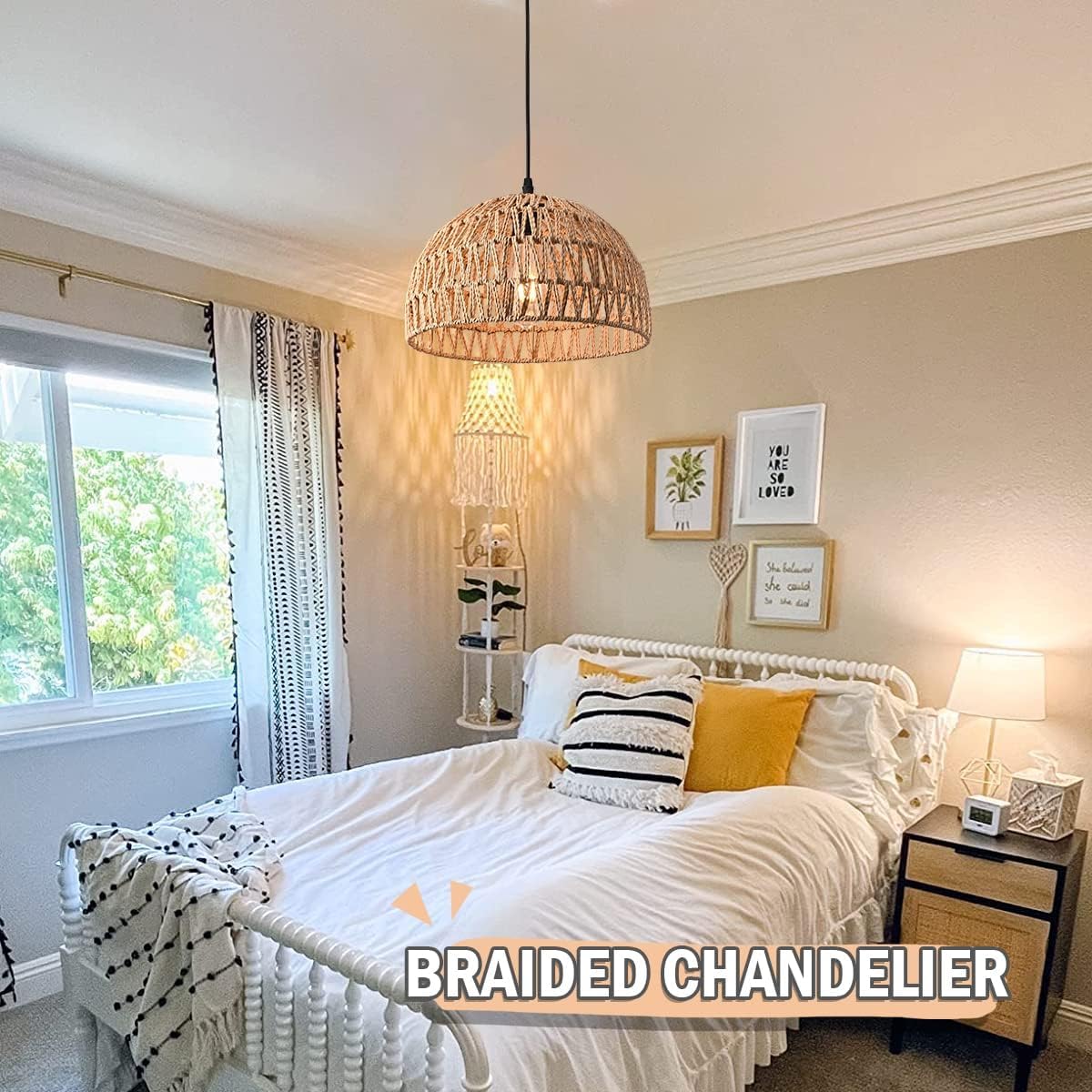 Ayshwilldec Natural Woven Hemp Rope Pendant Light Fixture, Boho Chandelier For Dining Room