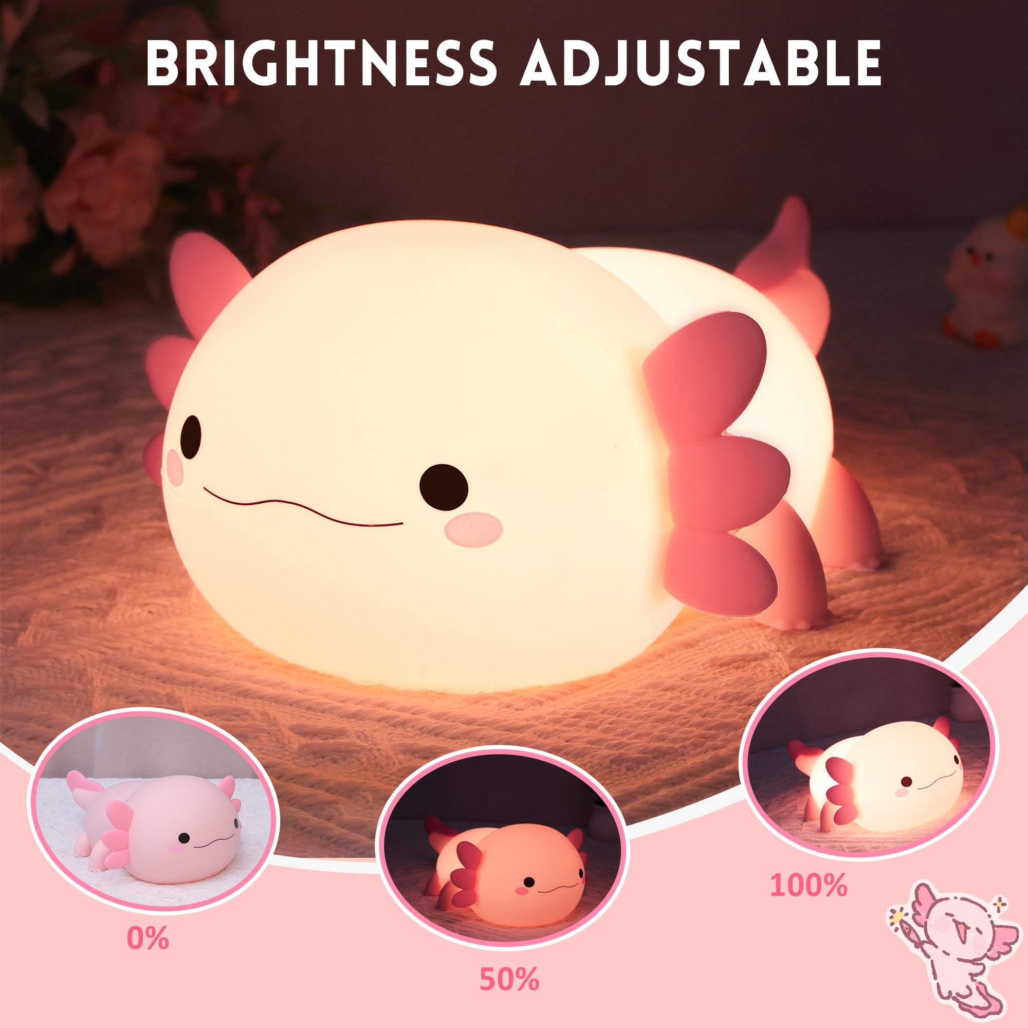 Okayera Axolotl Night Light - Silicone Lamp, Dimmable, Timer - Pink - Model DS-AX-01 - Cute Bedside Decor for Kids