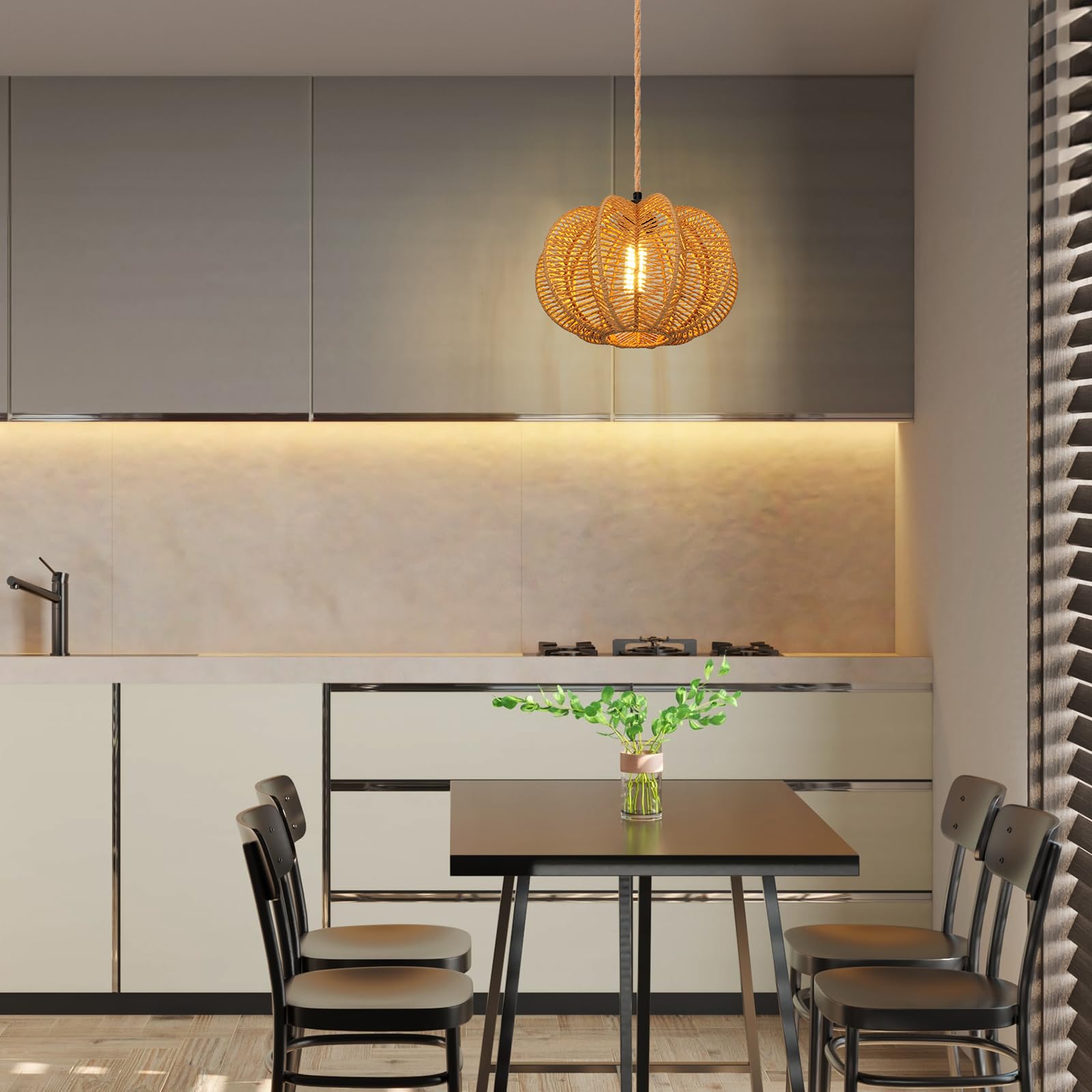 Tebio Rattan Plug-In Pendant Light, Dimmable 15Ft Hemp Rope Cord, Boho Indoor Hanging Lamp