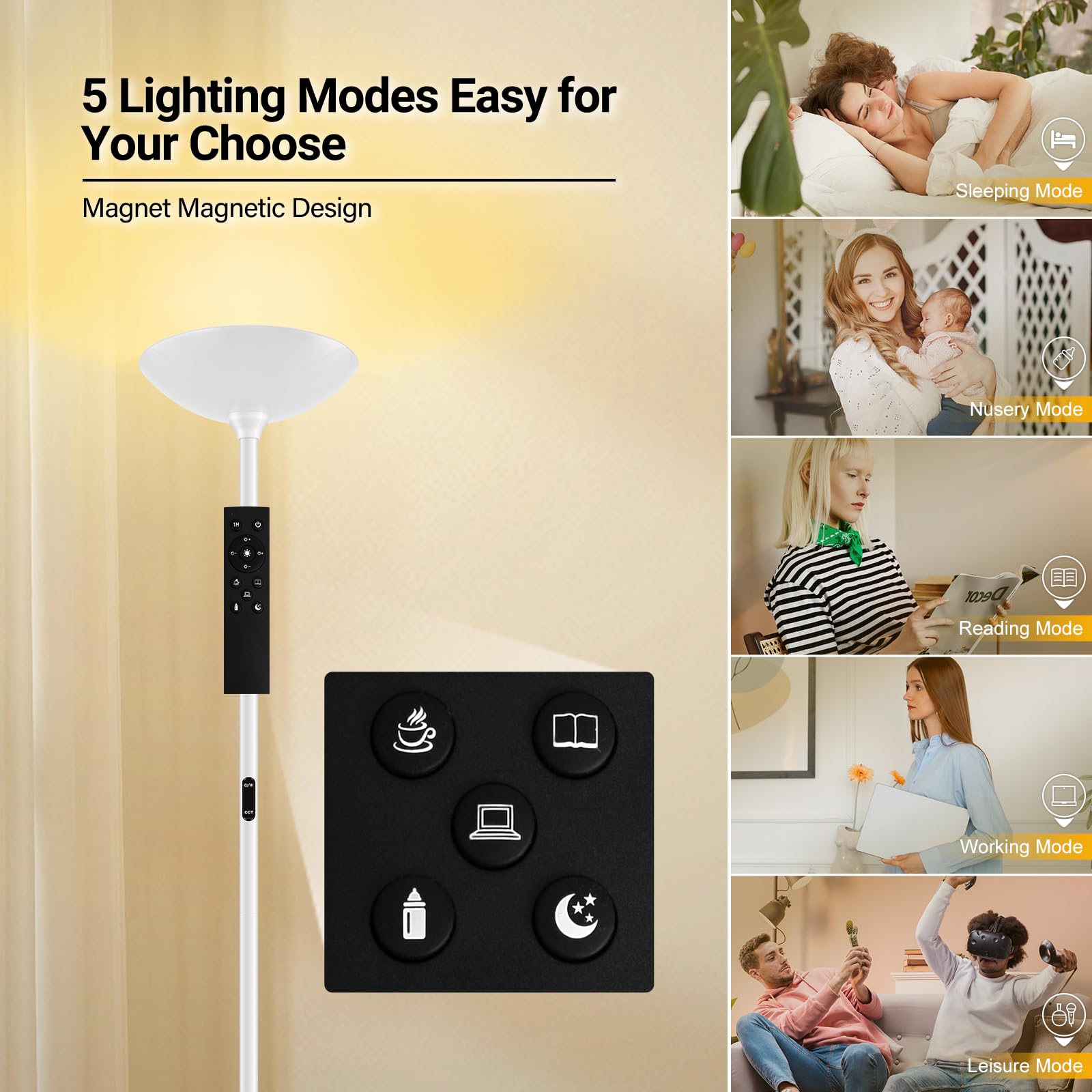 BoostArea Dimmable Floor Lamp, 30W LED Torchiere, 71" Tall, Remote & Touch Control, 2700K-6500K, White, Model B0512