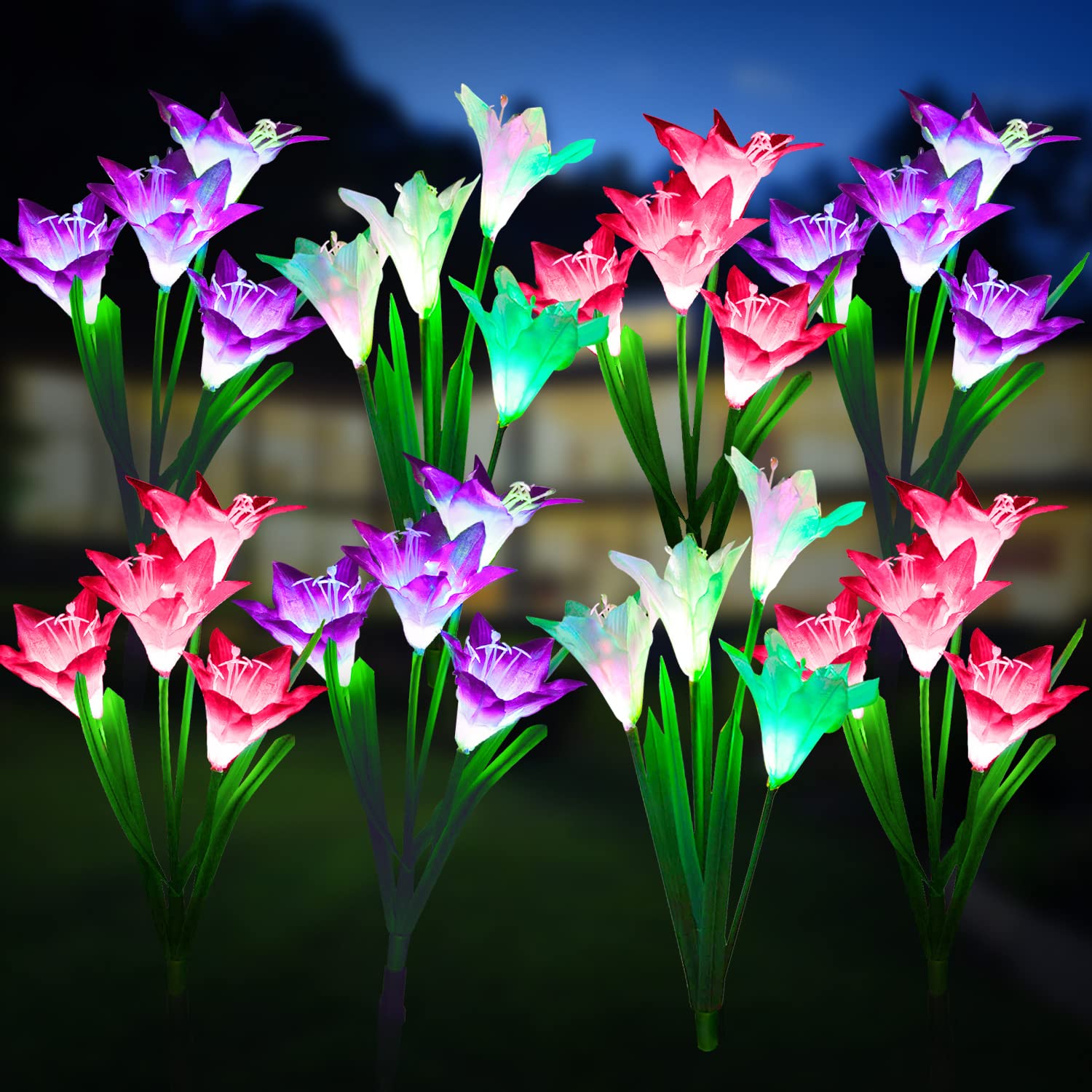 KOOPER Outdoor Solar Lights, 8 Pack Solar Garden Lights with Bigger Lily Flowers, Waterproof 7 Color Changing Outdoor Lights - B