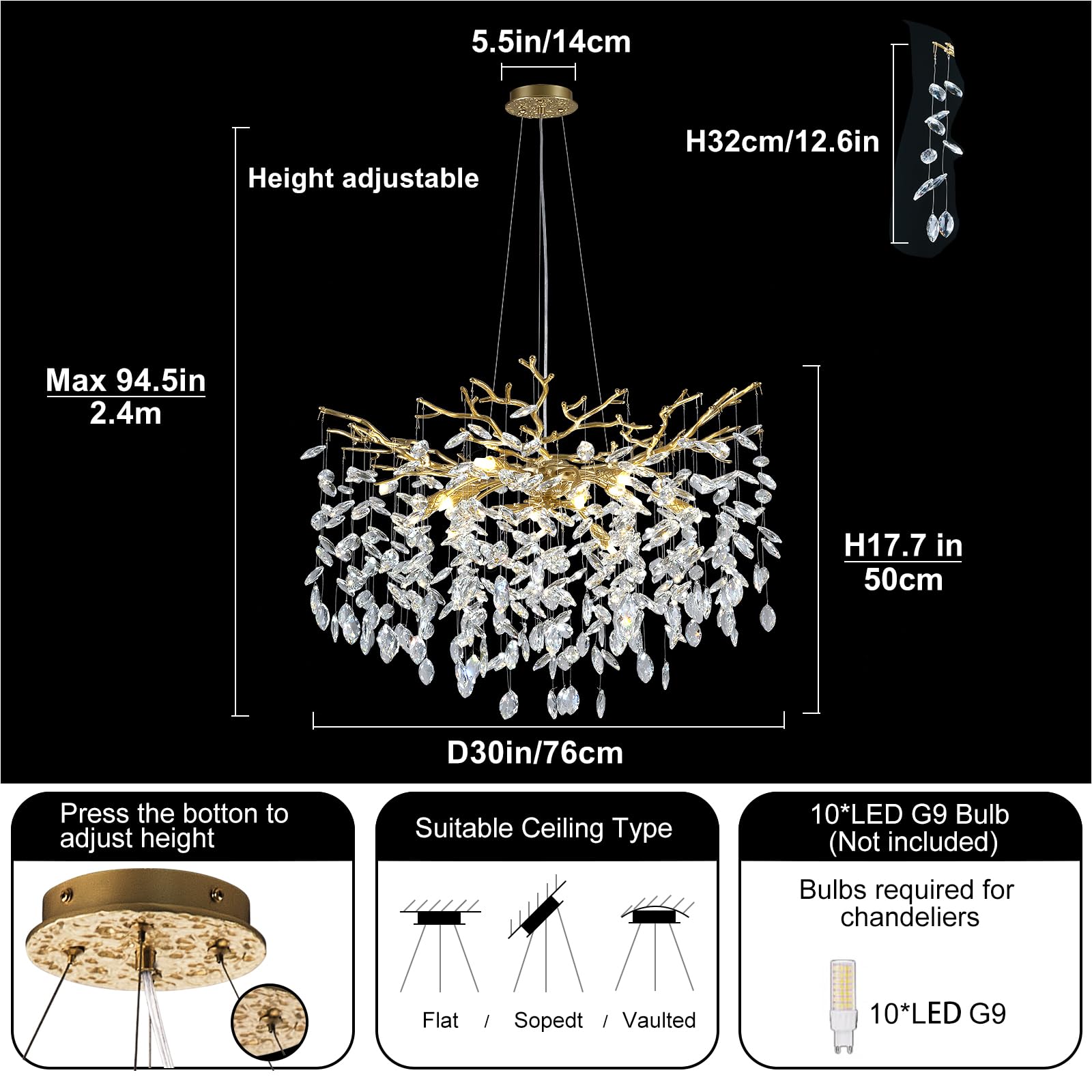kvtinmty Modern Crystal Chandelier, 30" Gold K9 Crystal, 10-Light Design for Dining Room and Foyer