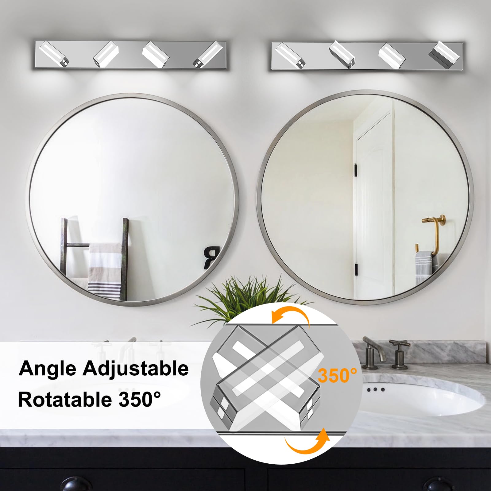 Donrao 30-Inch 4-Light Led Modern Chrome Bathroom Vanity Light Fixtures Over Mirror  Bathroom Lighting Fixtures With Cool White 6000K  Rotatable Vanity Wall Lights For Bath Restroom Powder Room