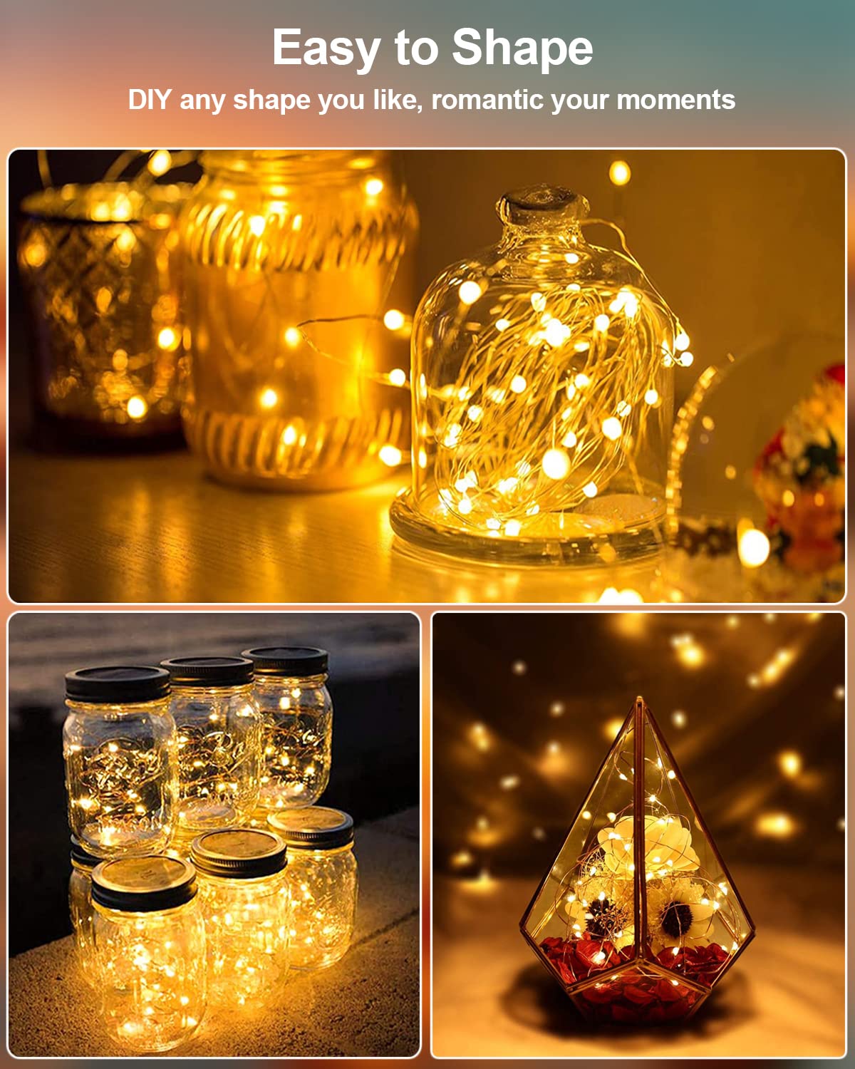 20 Pack Fairy Lights Battery Operated 3.3Ft 20 Led Mini String Lights Twinkle Lights Copper Wire Firefly Starry Lights For Mason Jars Wedding Party Christmas Centerpiece Table Decorations, Warm White