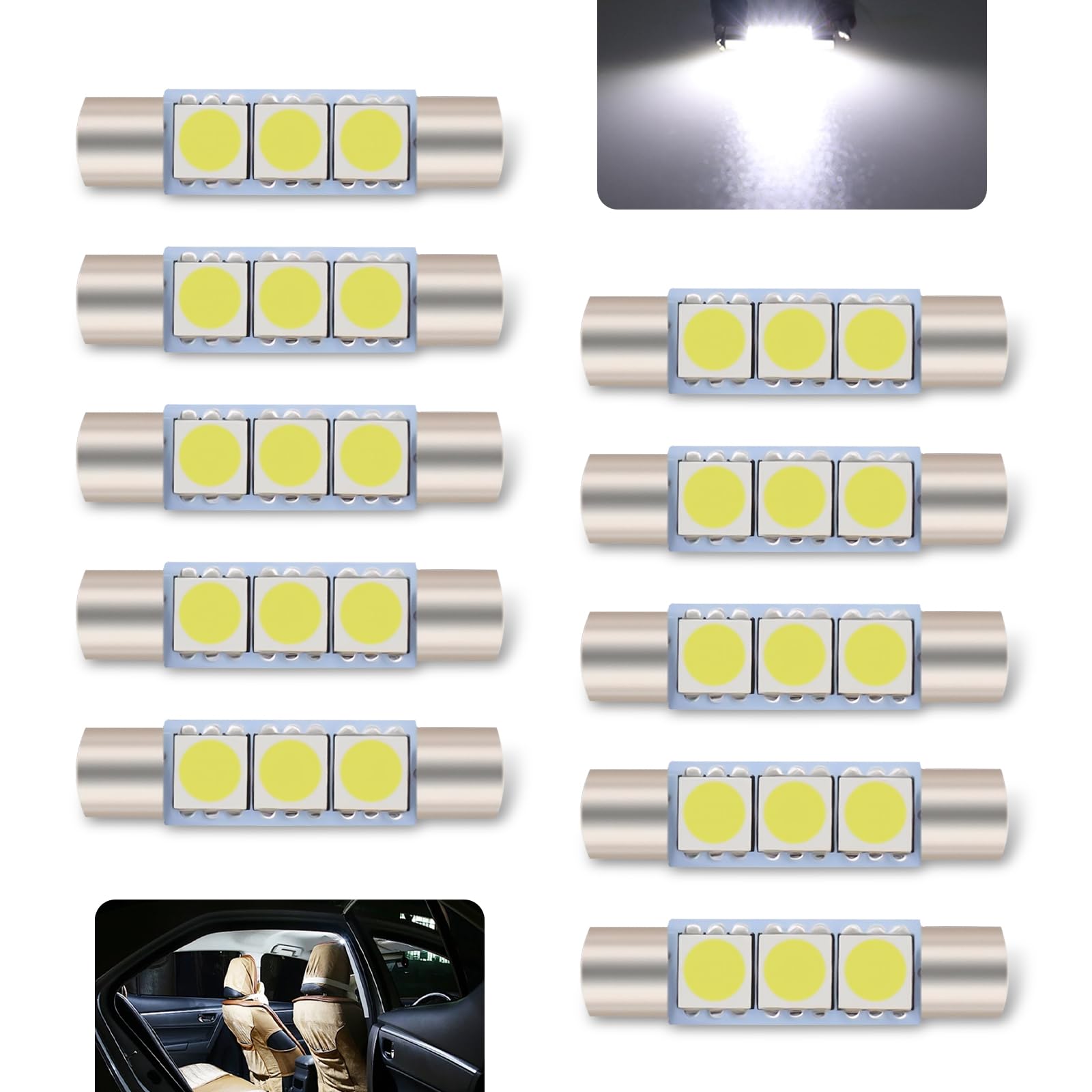 Awguka 10 Pcs Car T6 Vanity Mirror Sun Visor Led Light  5050-3Smd 12V Flat Head Dual Tip 180 Degree Lighting Reading Lamp  Plug And Play Interior Lighting Kit  Suitable For Most Cars (White)