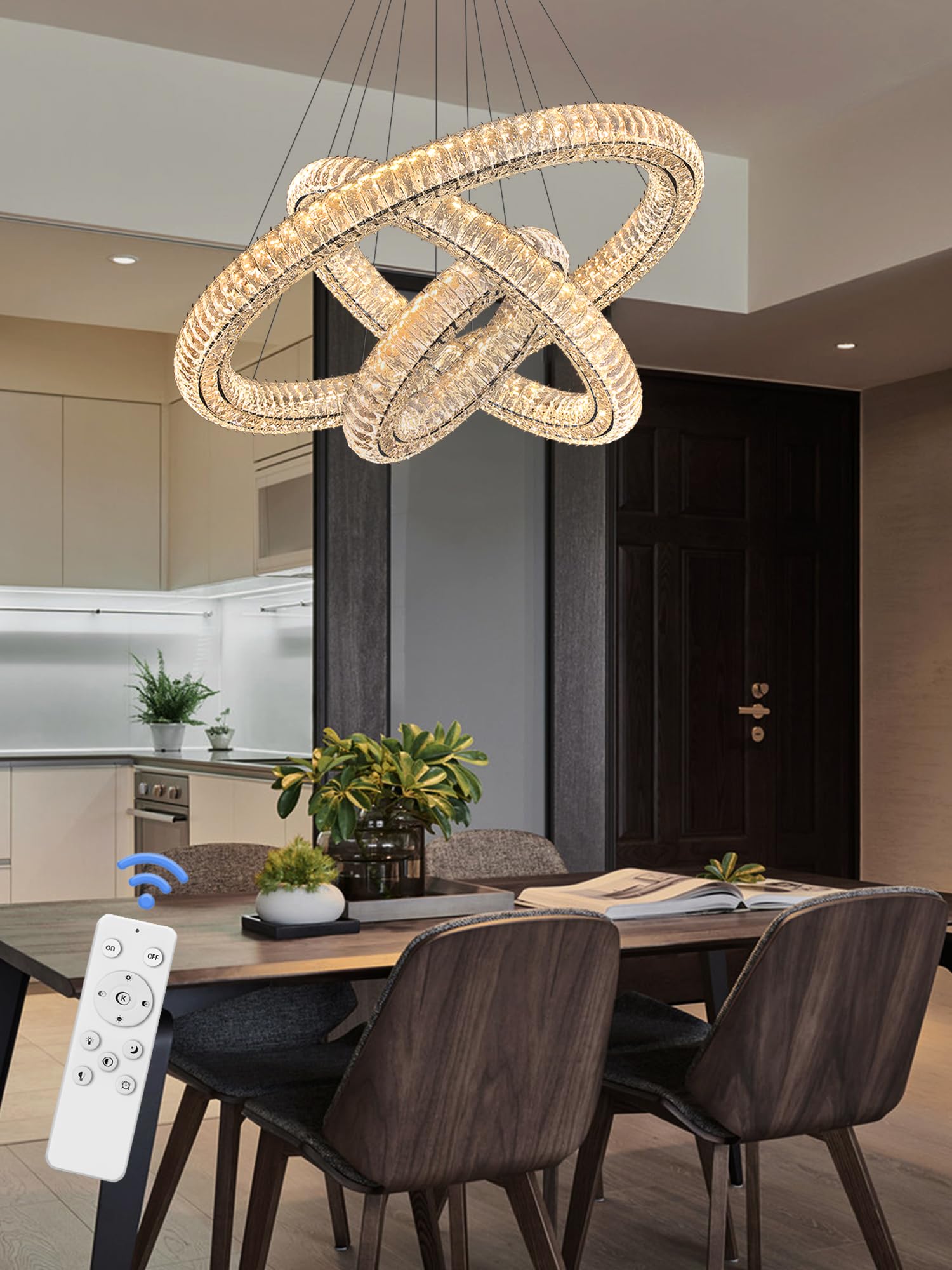 Idequy 3 Rings Crystal Chandeliers For Living Room Black Chandelier High Ceiling Chandeliers For Foyer Led Dimmable3000-6000K D3