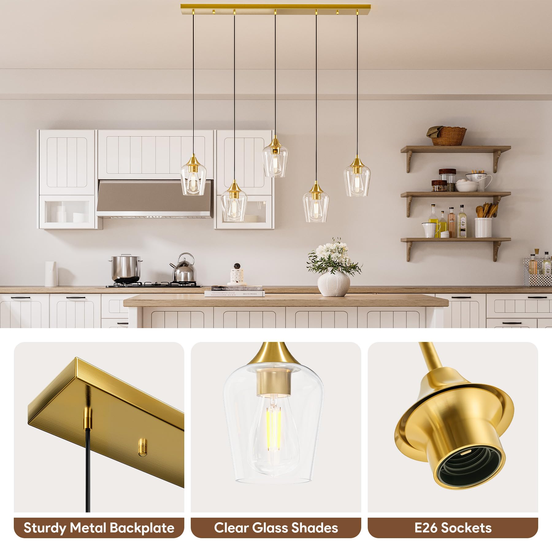 VONLUCE 5-Light Pendant Light Fixture, Modern Metal Pendant with Wine Glass Shades, Brushed Gold, Adjustable Height 10"-55"