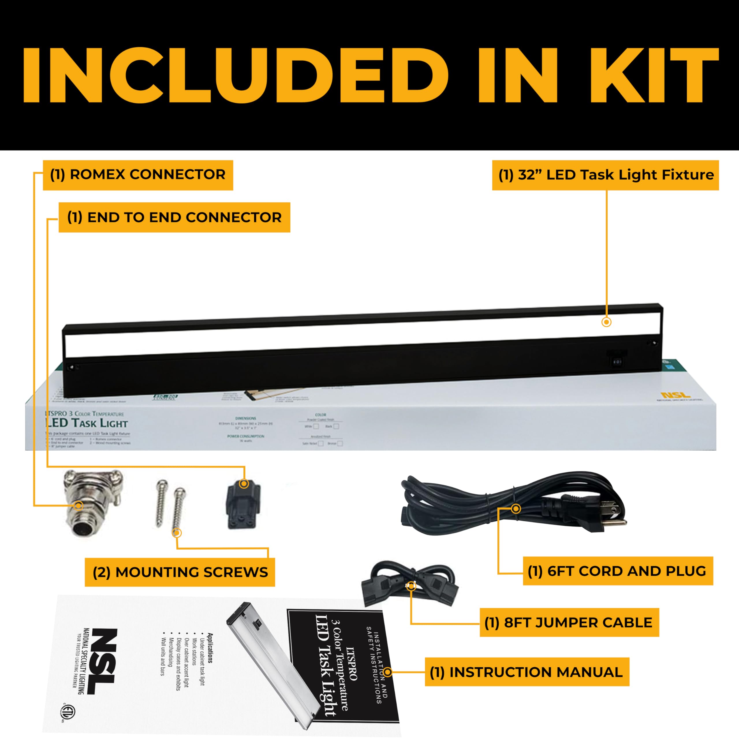 NSL LED Under Cabinet Lighting Dimmable 32 Inch Black Aluminum, 3 Color Temperatures (2700K, 3000K, 4000K), Model LTSPRO-32