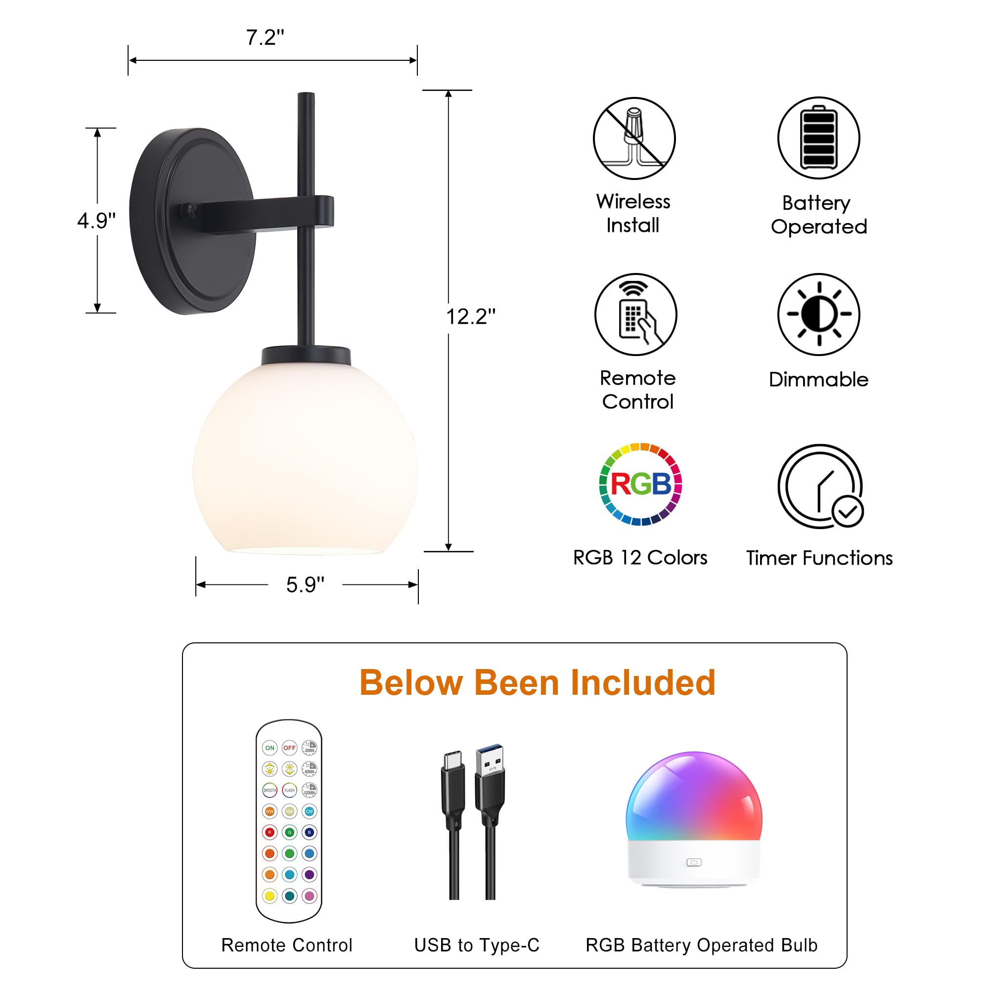 SANTOSTOCK Black Wireless Rechargeable Wall Sconces - LED Dimmable, Remote Control, Opal Glass Shade, Battery Operated, Set of 2