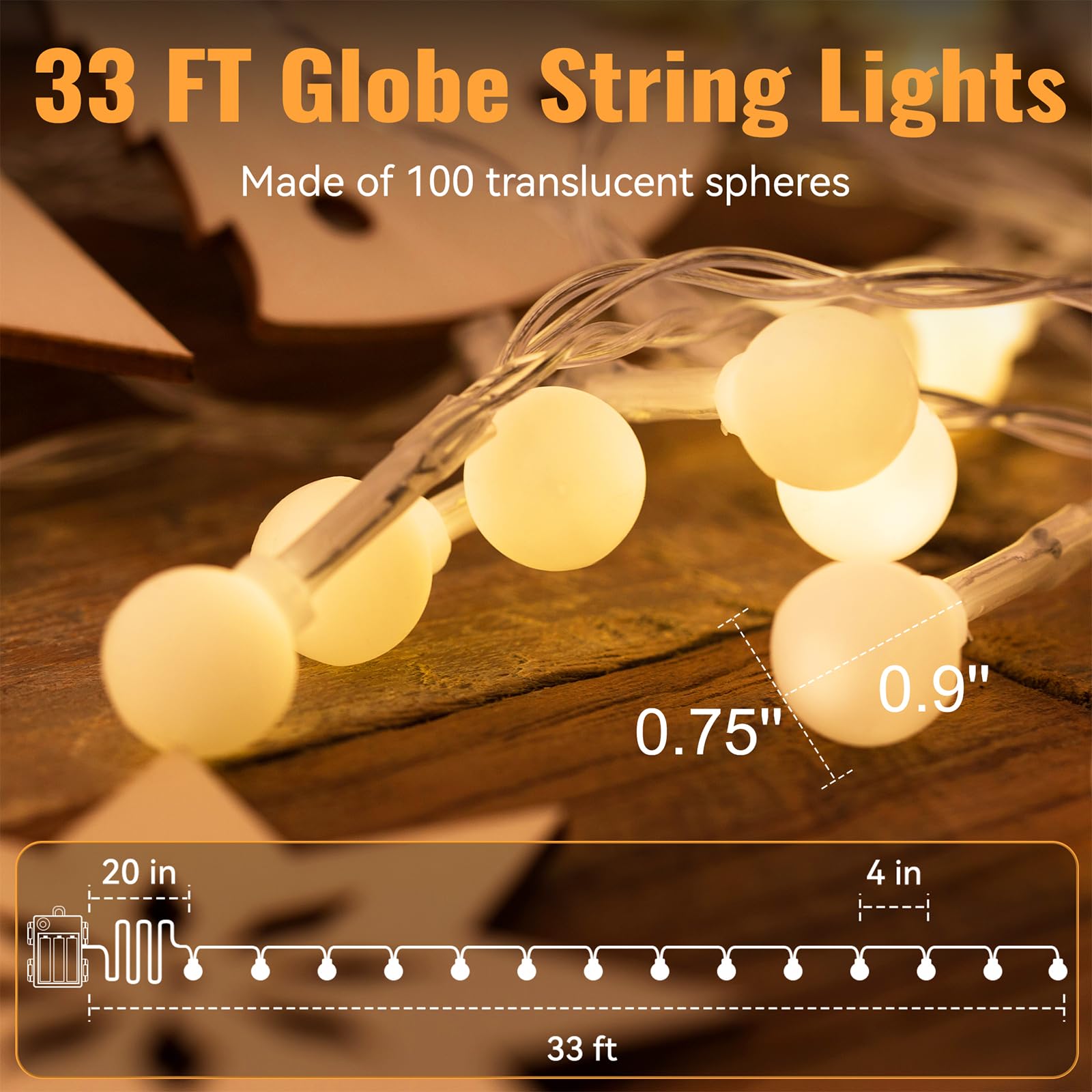 Wertioo 33Ft 100 Leds Battery Operated String Lights Globe Fairy Lights With Remote Control For Outdoor/Indoor, Tent, Camping, Bedroom,Garden,Christmas Tree[8 Modes,Timer ] (Warm White)