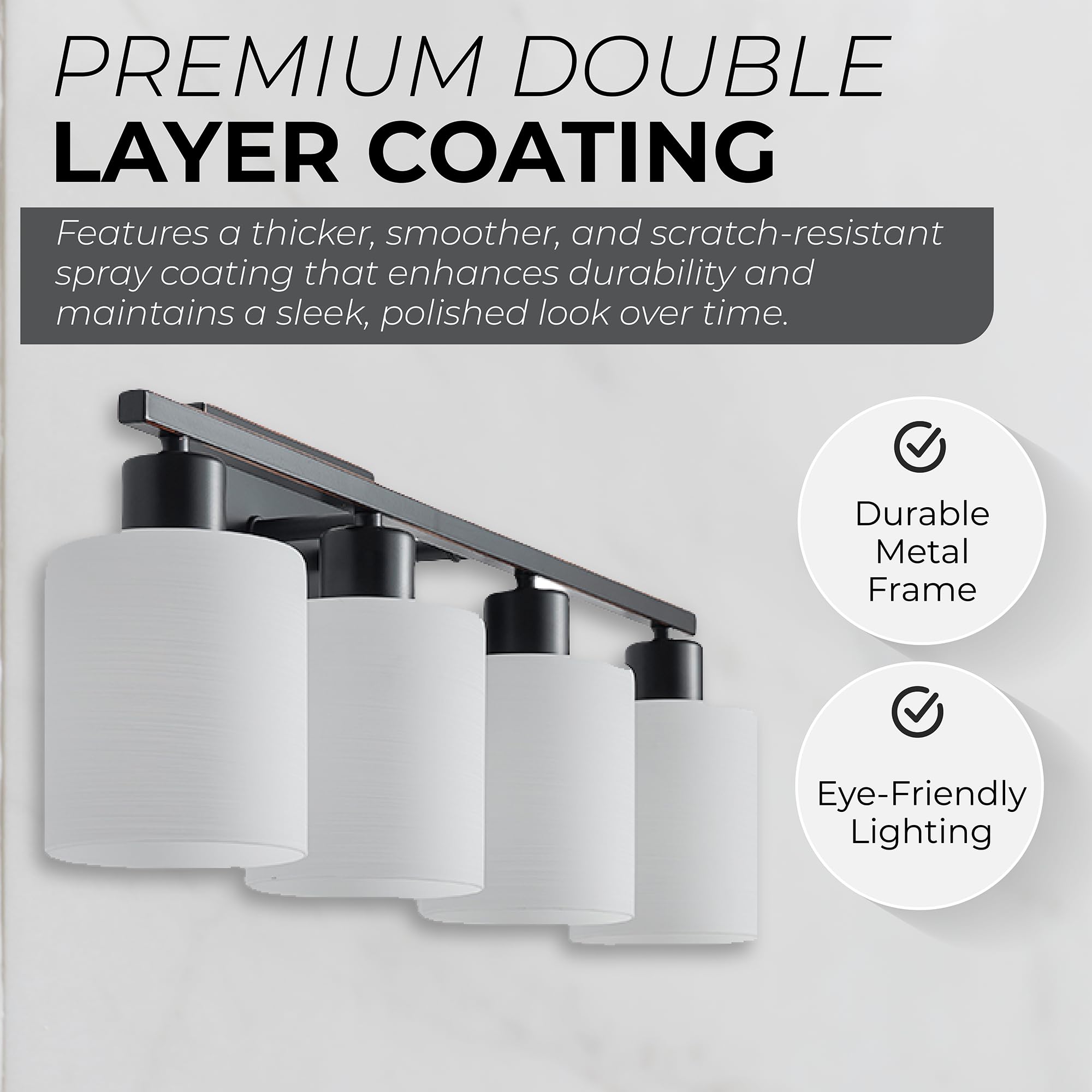 The Door Bull Modern Bathroom Vanity Light, 4 Lights, Oil-Rubbed Bronze, Stainless Steel, Model VNT-1000, Milky White Glass Shades