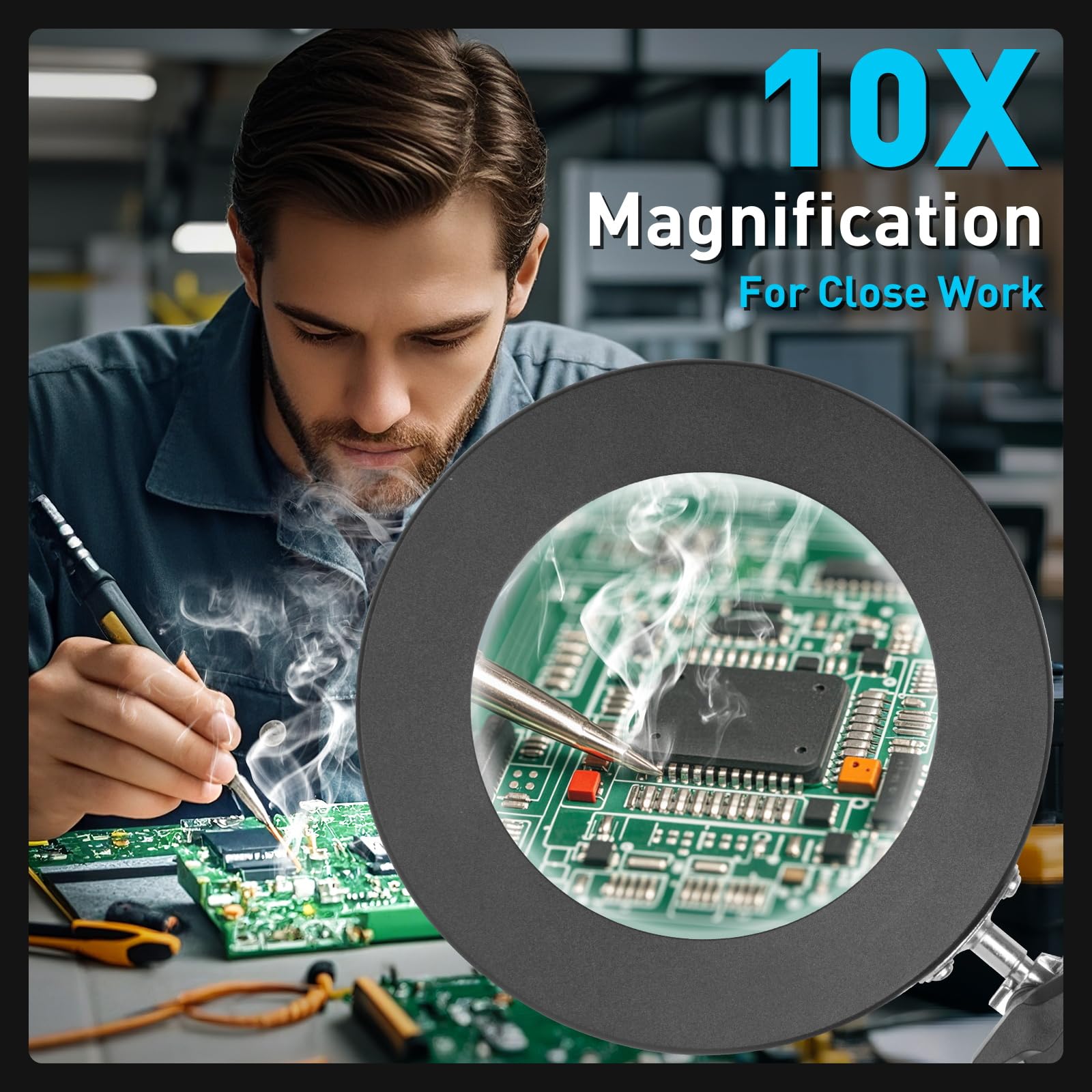 Kuvrs 10X Magnifying Glass With Light And Stand, 3 Color Modes Stepless Dimming Magnifying Desk Lamp, Silicone Repair Mat & Goos