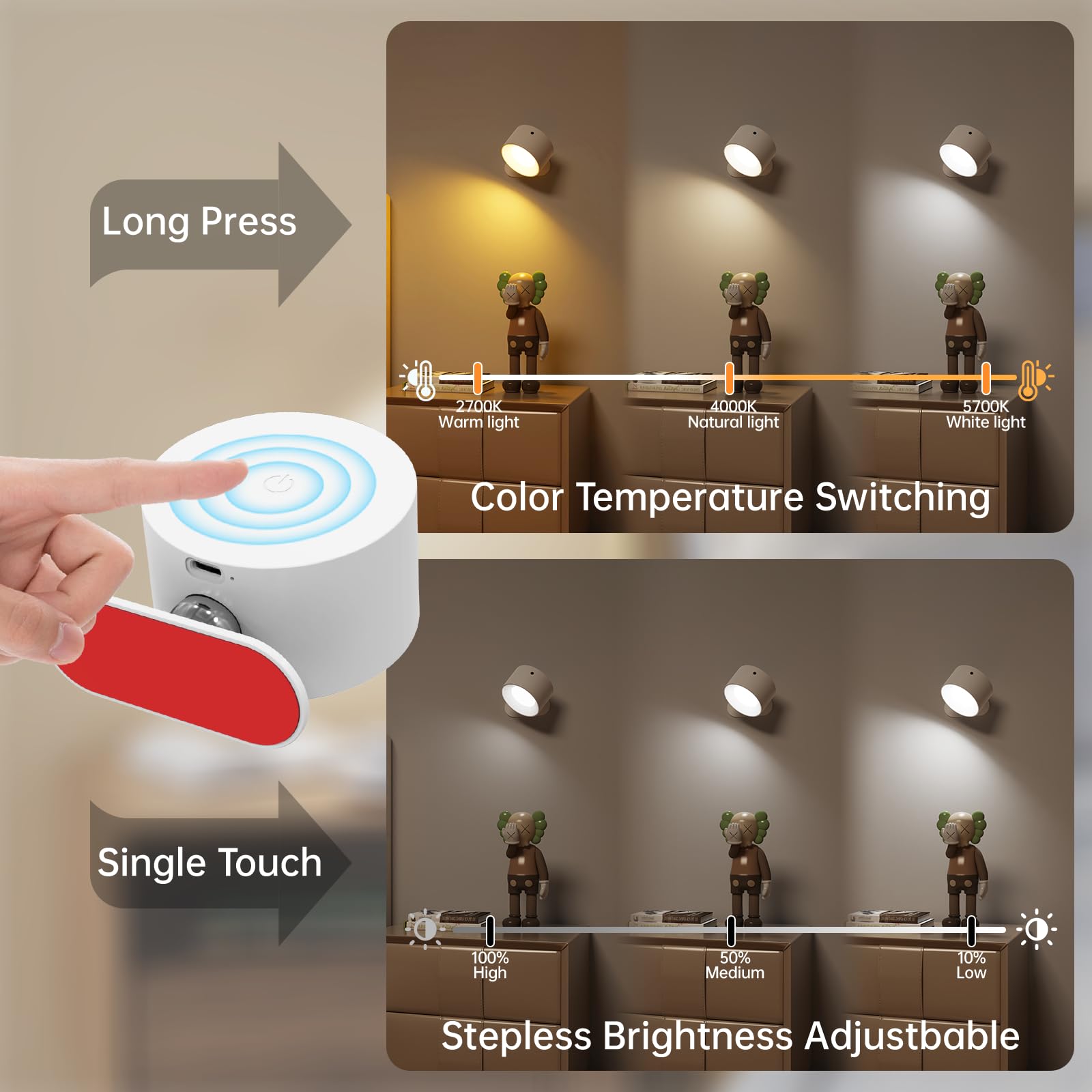 Deyagoo Rechargeable LED Wall Sconce, 3 Colors & Brightness Levels, 360° Magnetic Head, Pack of 2, White, Model DS126L