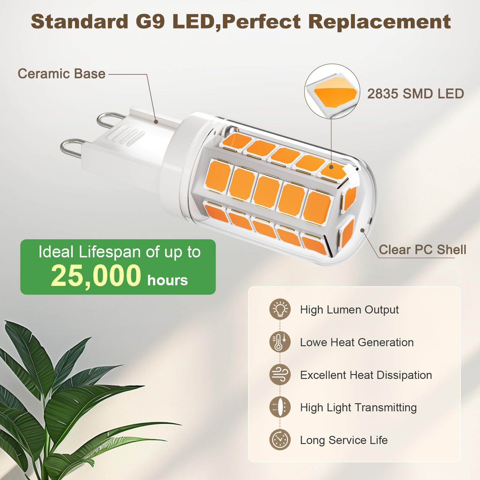 DiCUNO G9 LED Bulb 4W 3000K Warm White T4 Chandelier Light 400LM Non-Dimmable Pack of 10