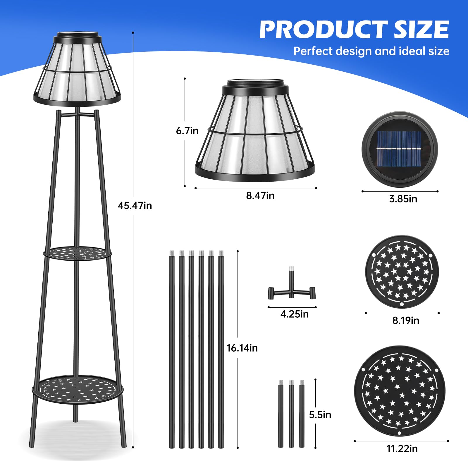 Solgicar 45.4'' Metal Outdoor Floor Lamps With 2 Plant Stand, Solar Lights Plant Stand, Waterproof Solar Lantern Lights For Patio Deck Yard Garden Porch - Black