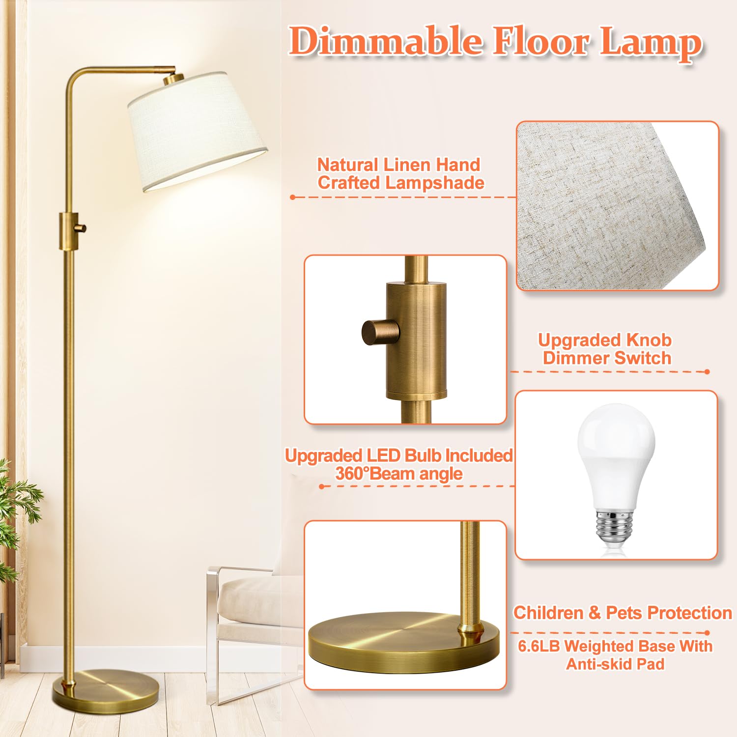 Nintiue Dimmable Floor Lamp, 1000 Lm Led Edison Bulb Included, Arc Floor Lamps For Living Room Modern Standing Lamp Tall Lamps For Living Room Bedroom-Brass