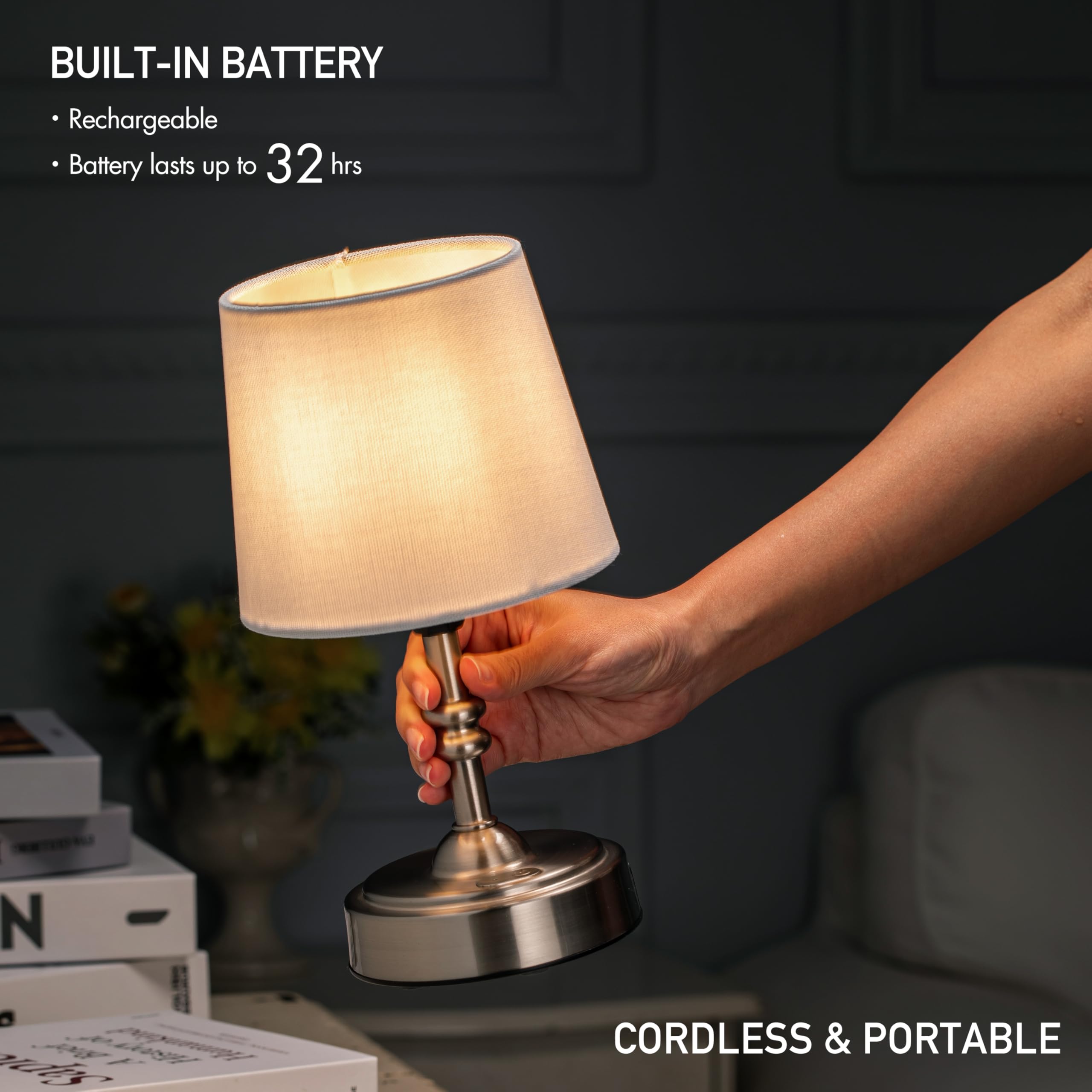 OBright Seraph Mini Cordless LED Table Lamp, Dimmer, 3-Level Brightness, Brushed Nickel, Model OB-TL19BS